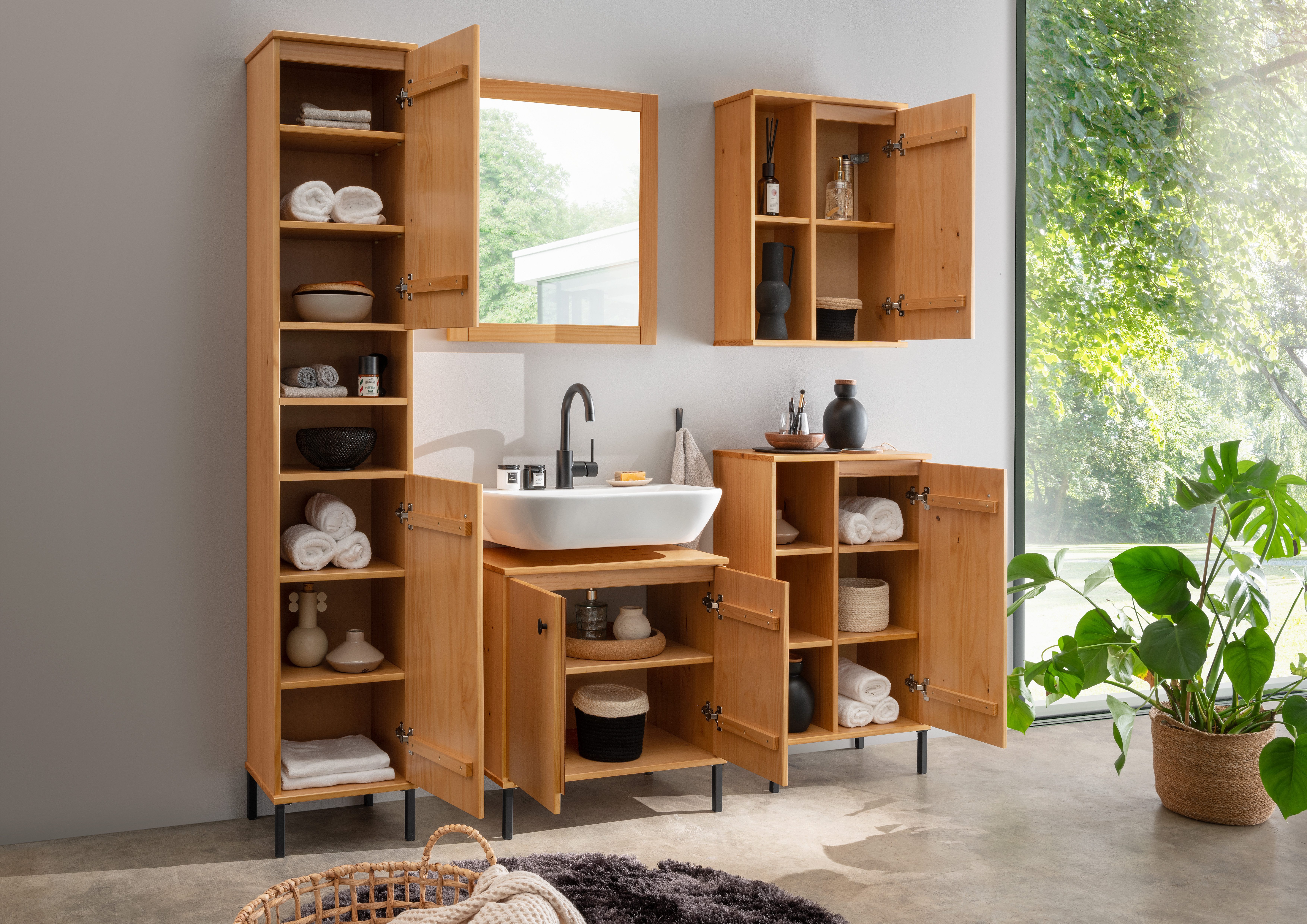 Woodroom Badmöbel-Set Sevilla, (Komplett-Set, 5-St., Kiefer massiv eichefarbig lackiert mit schwarzen Akzenten), Bad, Badmöbel, Badezimmer Möbel