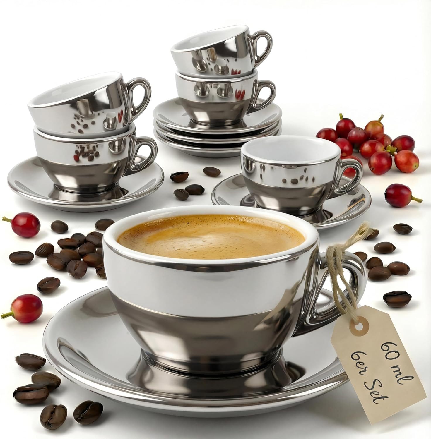 MUVELL Espressotasse 6x Espresso & Untertassen Set 0,8 cm dickwandig, chrome, 6-tlg., Keramik, 60 ml chrome mit weißen Rand und Innenfläche