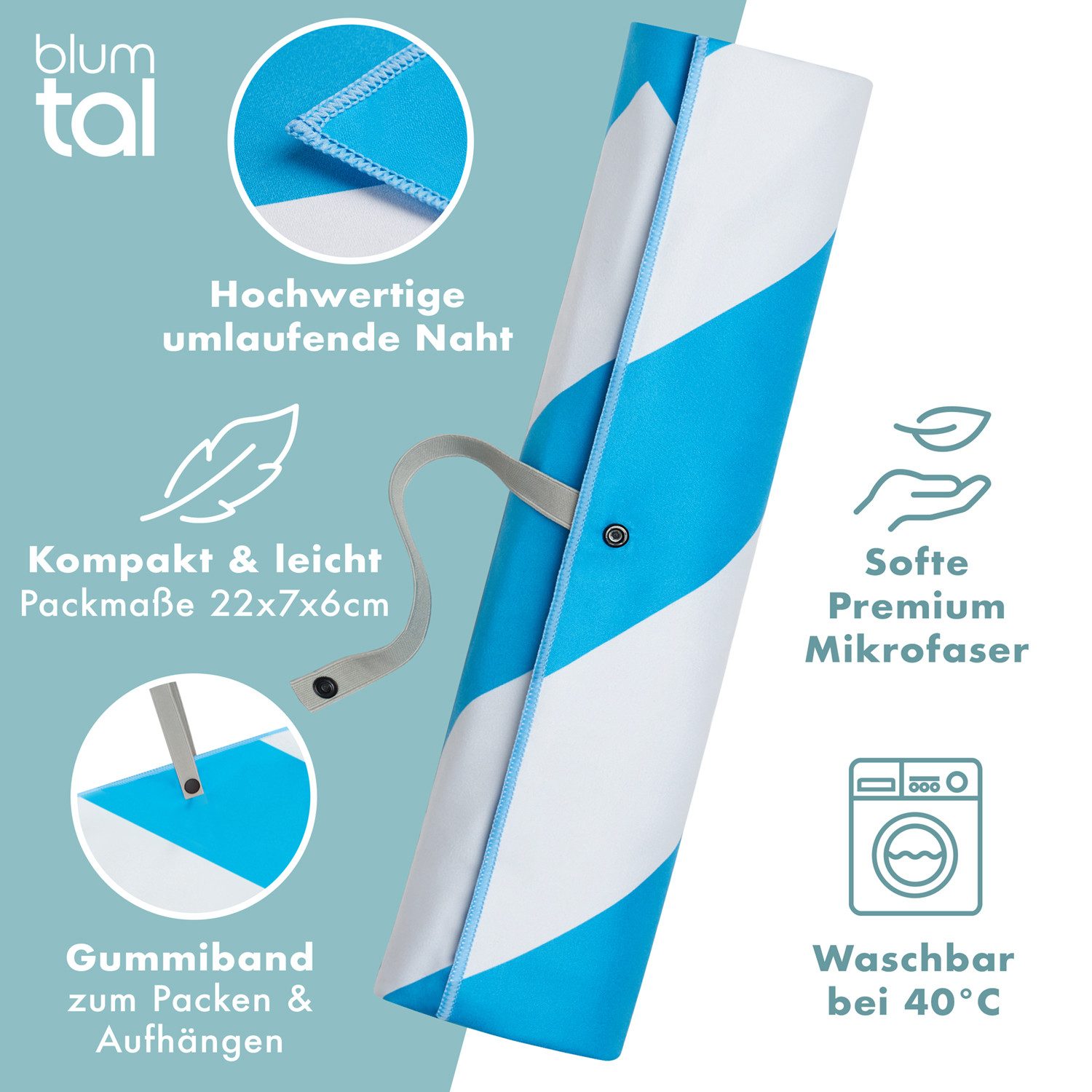 Blumtal Reisehandtuch Strandhandtuch 90x180 cm aus Mikrofaser - kompakt & schnelltrocknend, sandfrei mit Band - Mikrofaser Handtuch groß mit Wellen-Muster