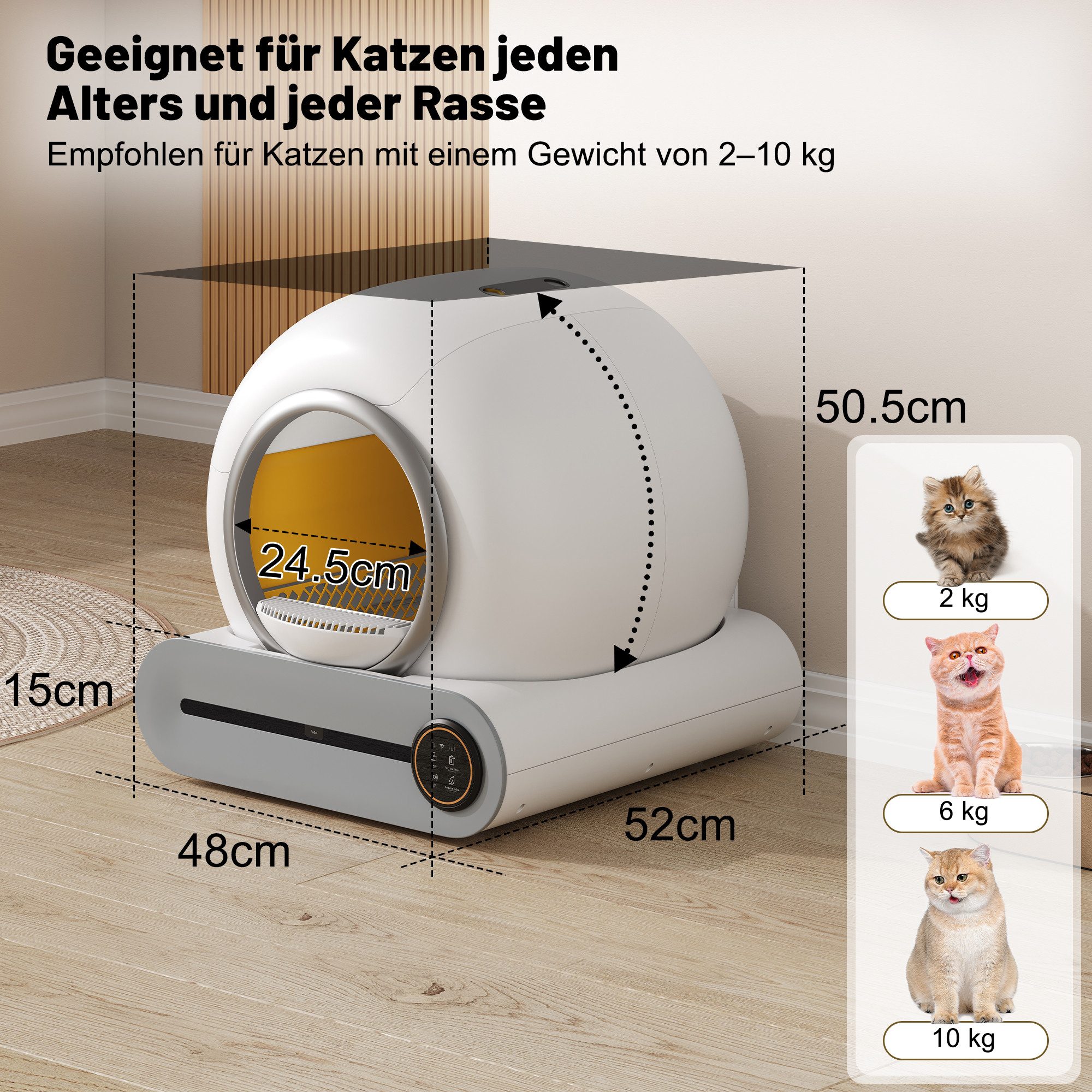 Rolipo Katzentoilette 65L Adaptive selbstreinigende Katzentoilette für mehrere Katzen, Infrarotsensor, eliminiert Geruch, APP, sichere Kindersicherung
