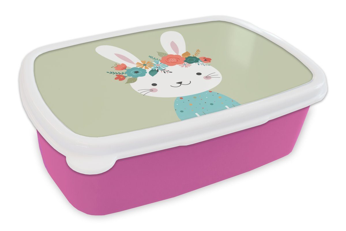 MuchoWow Lunchbox Kaninchen - Sommer - Blumen, Kunststoff, (2-tlg), Brotbox für Erwachsene, Brotdose Kinder, Snackbox, Mädchen, Kunststoff rosa