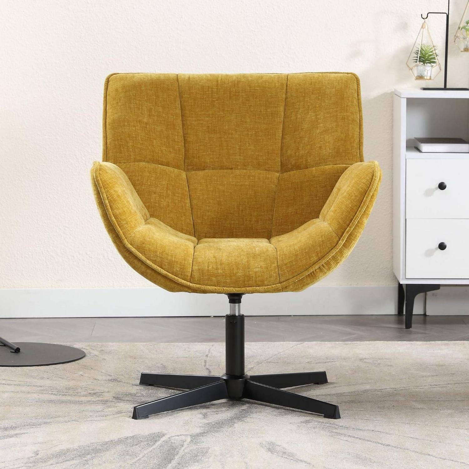 LuxusKollektion Loungesessel Sessel Loungesessel Ohrensessel Armlehnstuhl Metallbeine Chenille Gelb