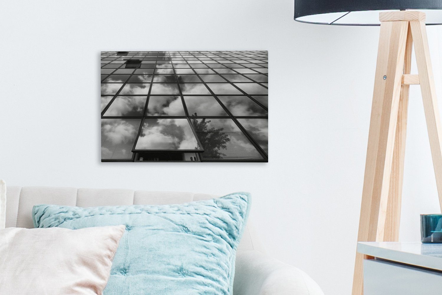 OneMillionCanvasses® Leinwandbild Eine Fenstermatrix eines (1 Leinwandbilder, schwarz-weiß, 30x20 Aufhängefertig, Büros Wanddeko, modernen in cm Wandbild St)