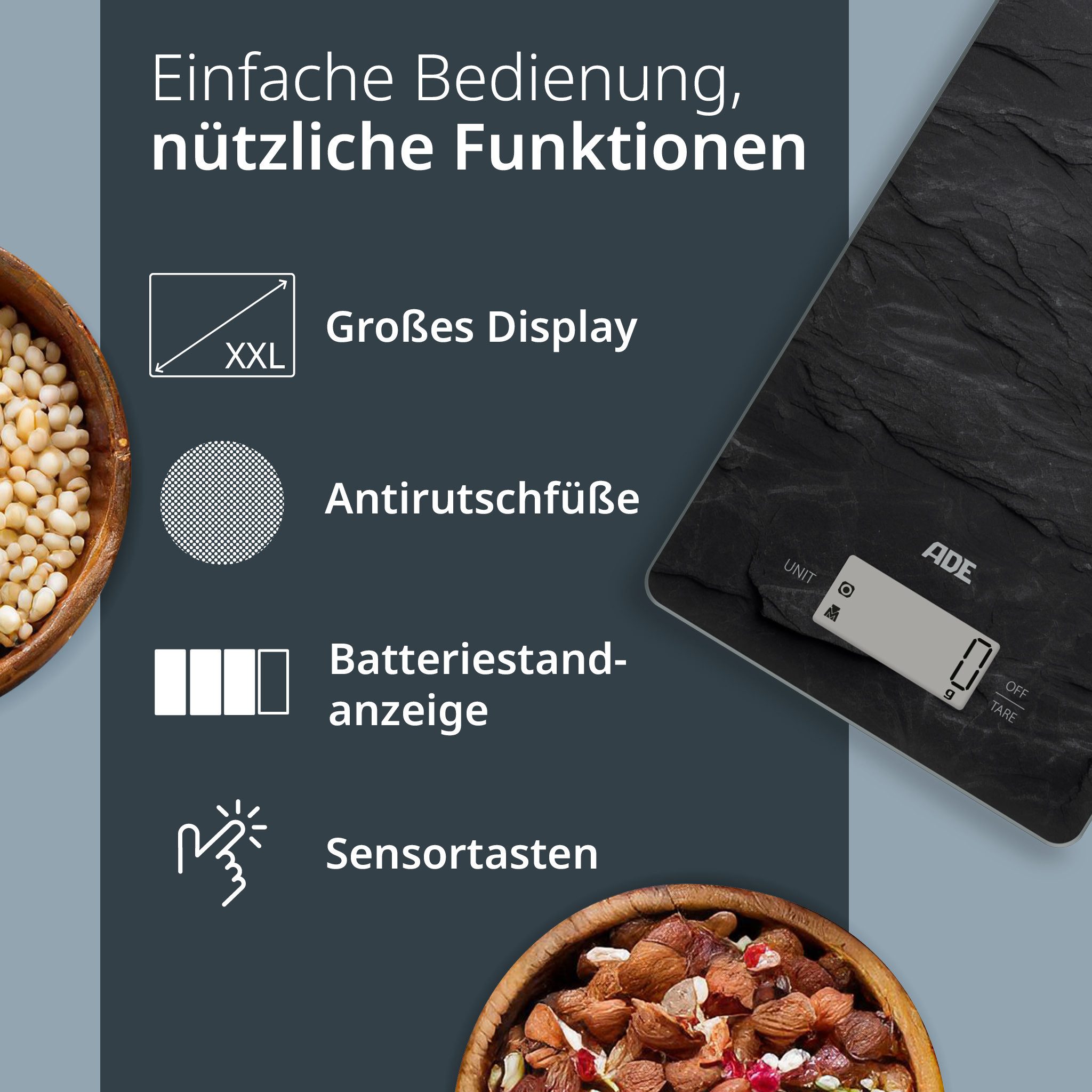 ADE Küchenwaage digital, präzise Grammwaage bis 5kg mit großem Display, extra flache Bauart, mit Öse zum Aufhängen