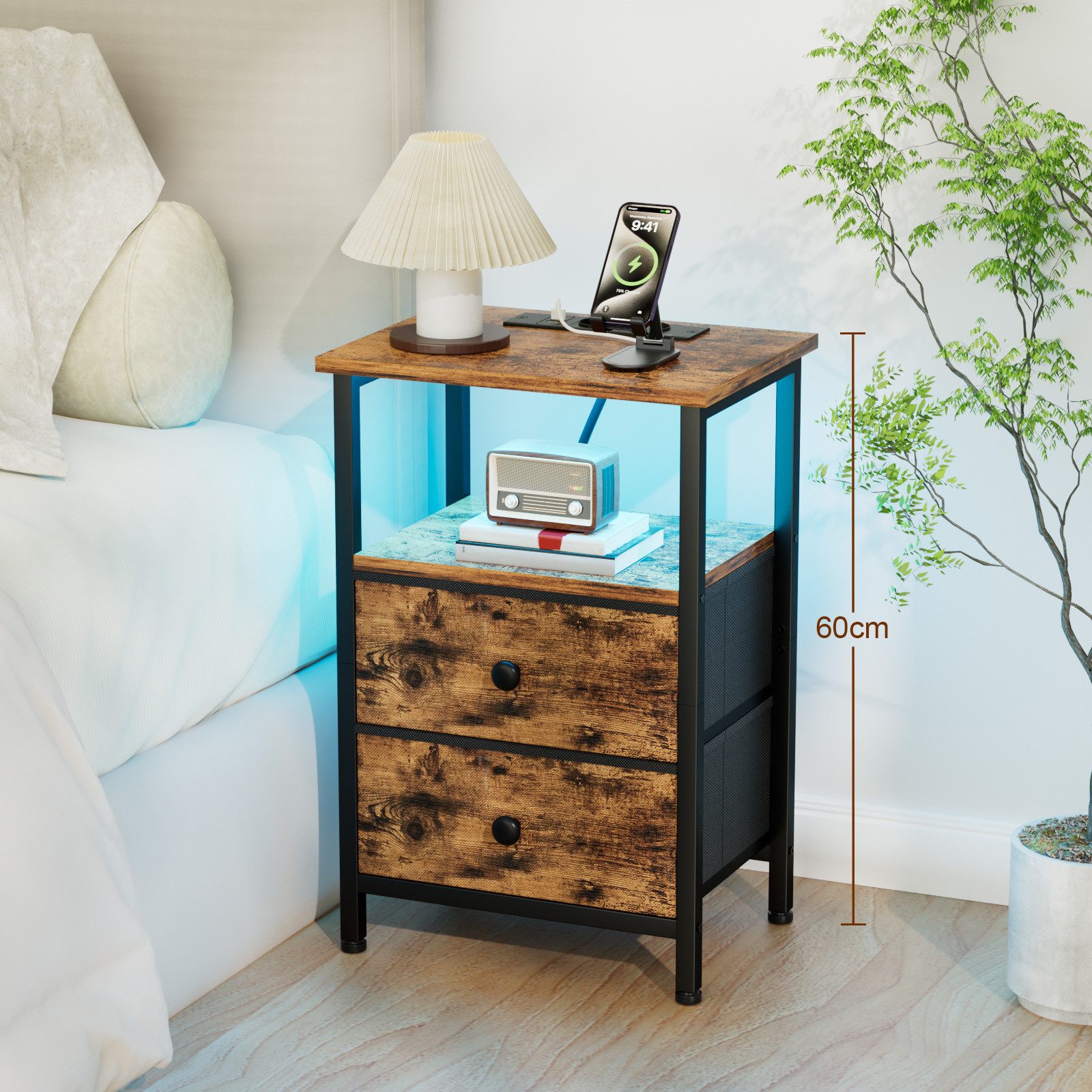 AMHANCIBLE Nachttisch mit LED-Lichtleiste und 2 USB-Anschlüssen, 40 x 30 x 60cm (1-St), Kompakter Beistelltisch mit 2 Schubladen für Schlafzimmer & Wohnzimmer