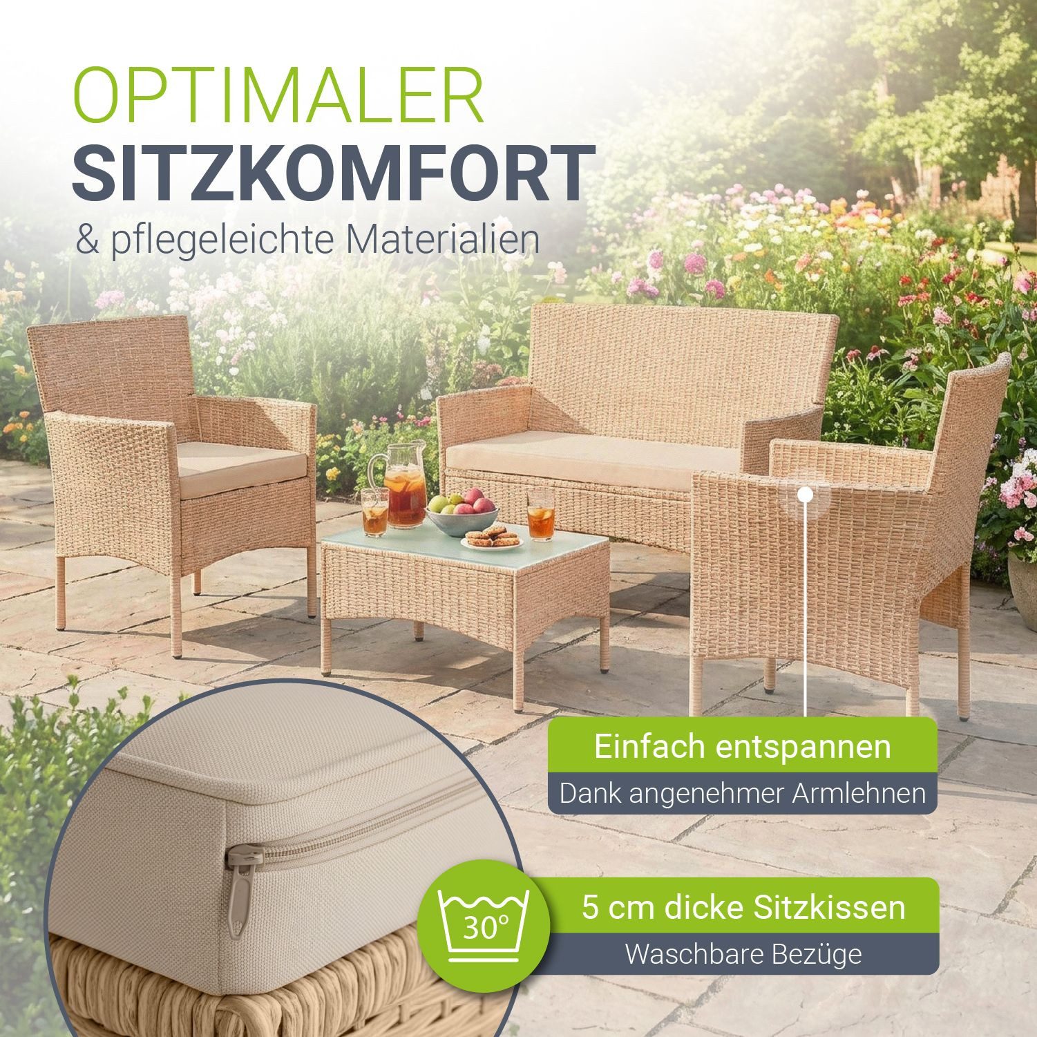 Juskys Gartenlounge-Set Fort Myers, wetterfeste Polyrattan Sitzgruppe für 4 Personen