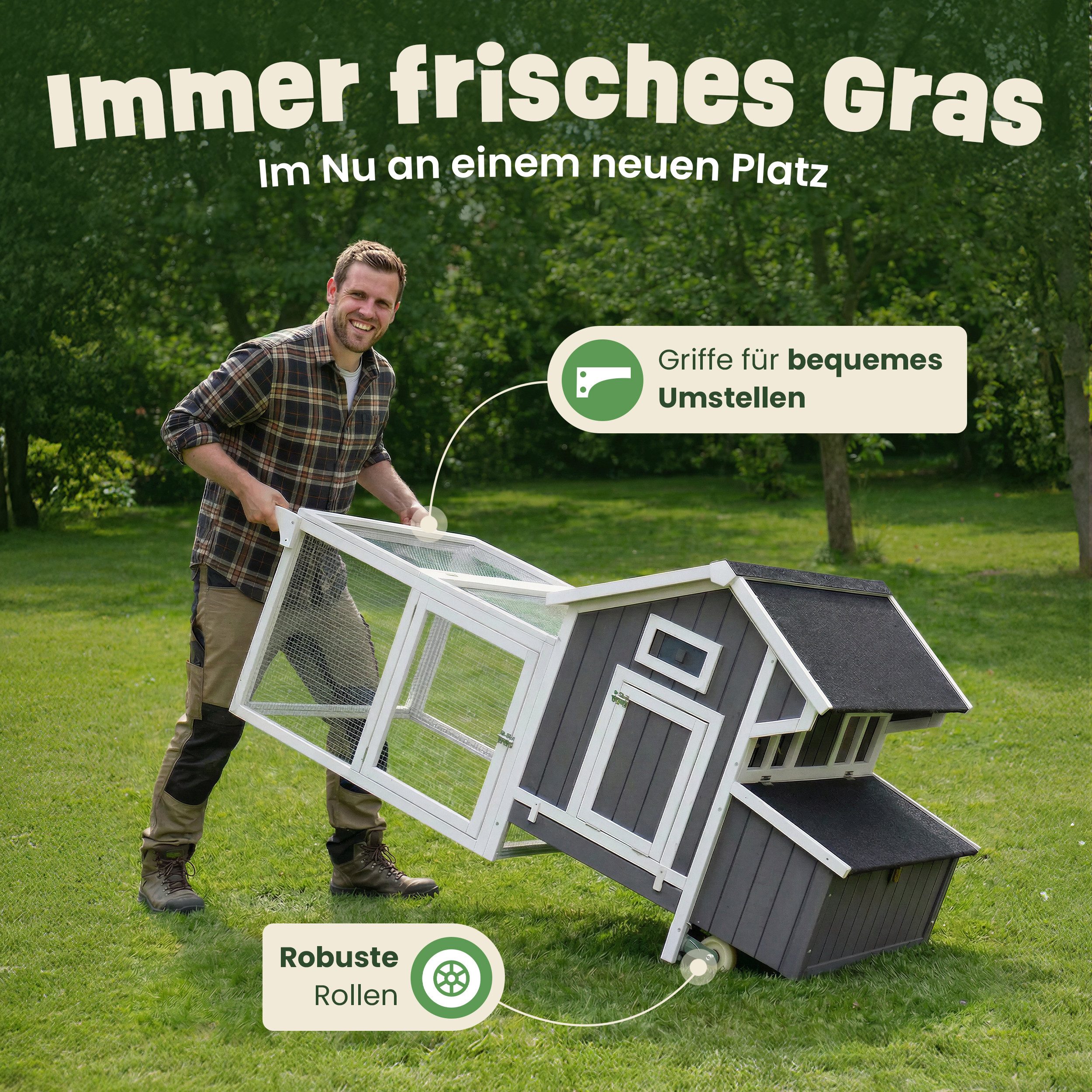 Zooprinz Hühnerstall Hühnerhaus Hühnervoliere Franzi mit Rollen Klappdach XXL, Sitzstangen, 3x Legenester, Freigehege