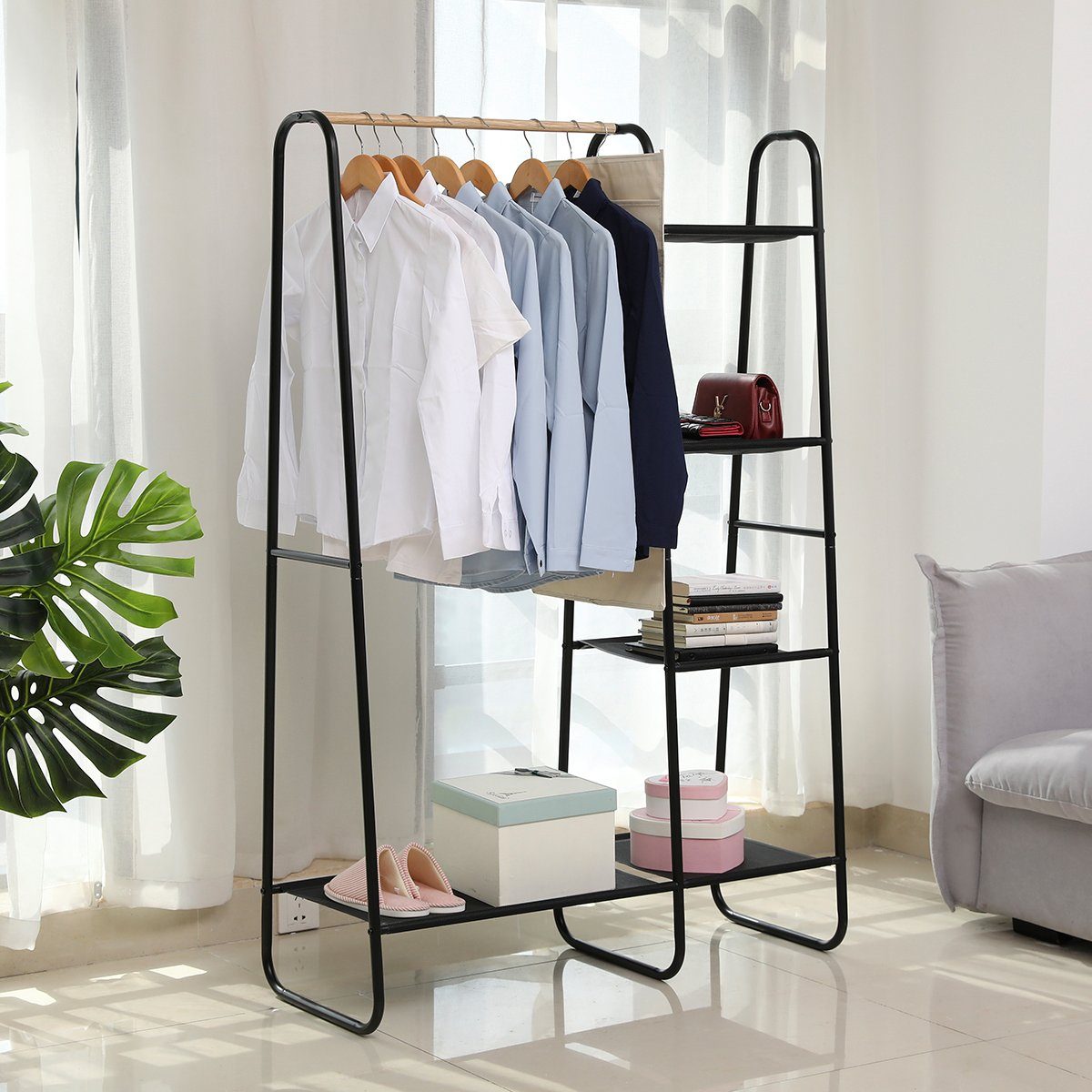ADOB Kleiderständer Gaderobenständer schwarz, 100 x 150 x 40 cm (B x H x T), eine Kleiderstange, 5 Ablagefächer