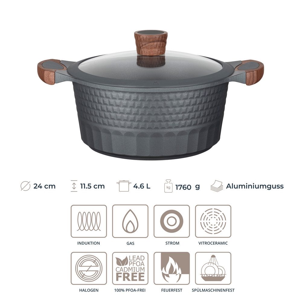 RESTO Kitchenware Kochtopf Capella, Schmortopf antihaftbeschichtet und spülmaschinenfest, Aluminiumguss (2-tlg), mit Glasdeckel und stoßdämpfendem Silikonrand, im Geschenkkarton