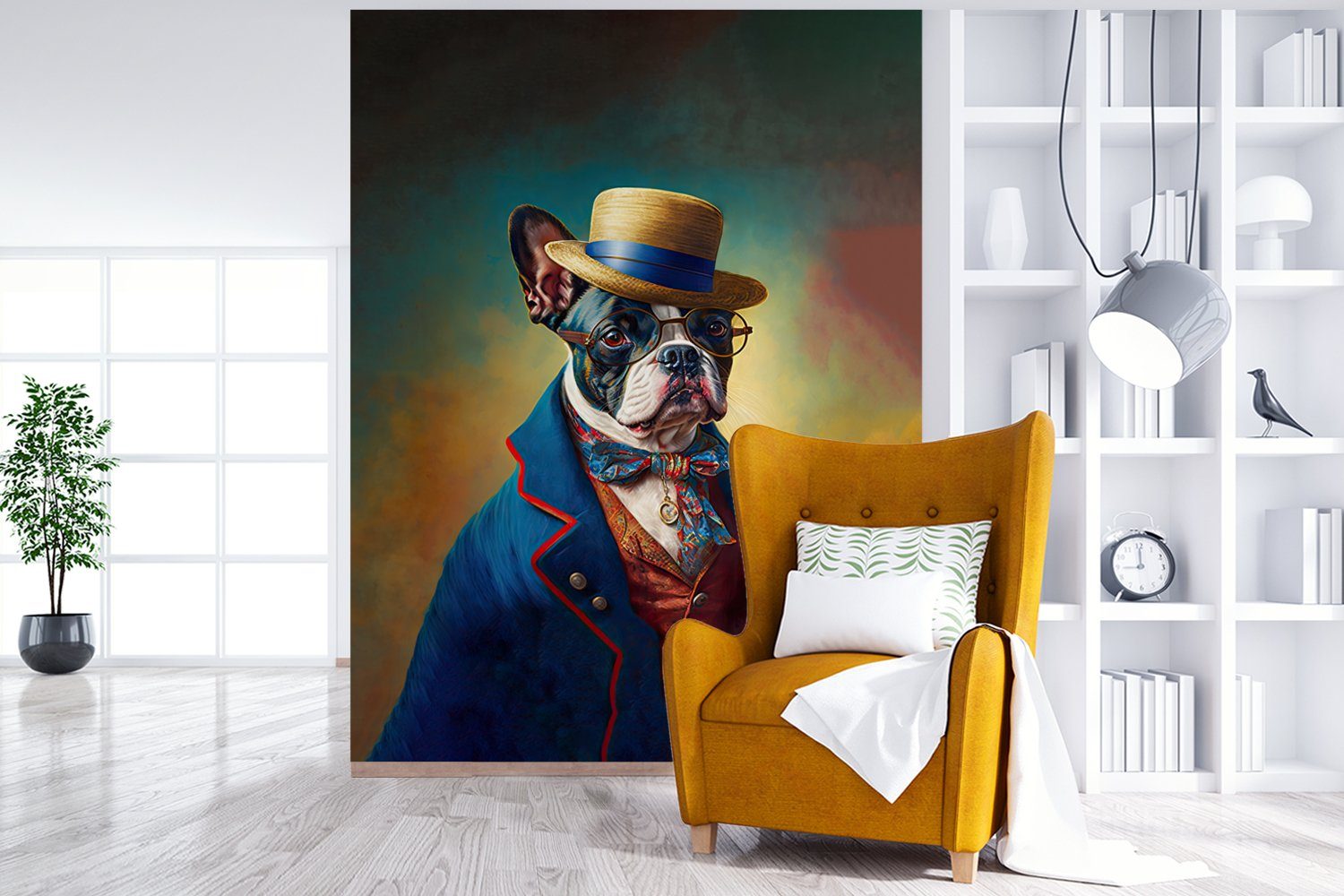 - Wandtapete bedruckt, Fototapete Wohnzimmer, Porträt, St), Vinyl für Hund - (4 - Montagefertig Accessoires Matt, Tapete - MuchoWow Farbe Kleidung