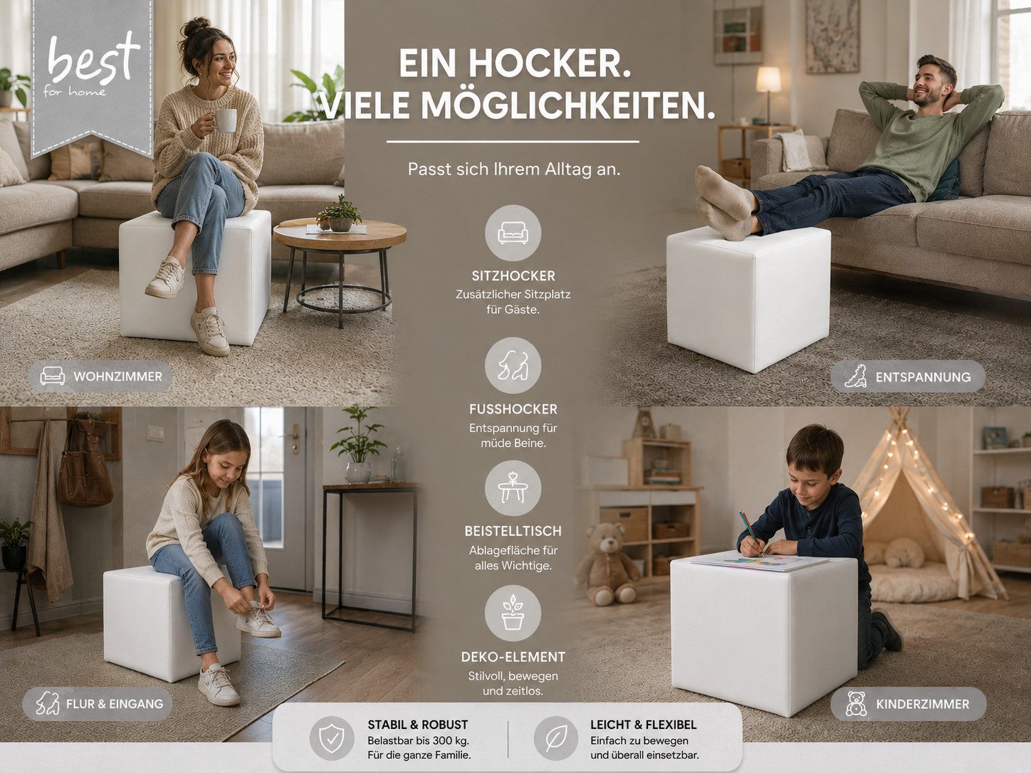 Best for Home Sitzhocker Sitzwürfel 40x40x40 cm – Multifunktionaler Sitzhocker & Fußhocker (Einzelstück, 1 St., verschiedene Farben), Handwerksqualität, pflegeleicht, modernes Design