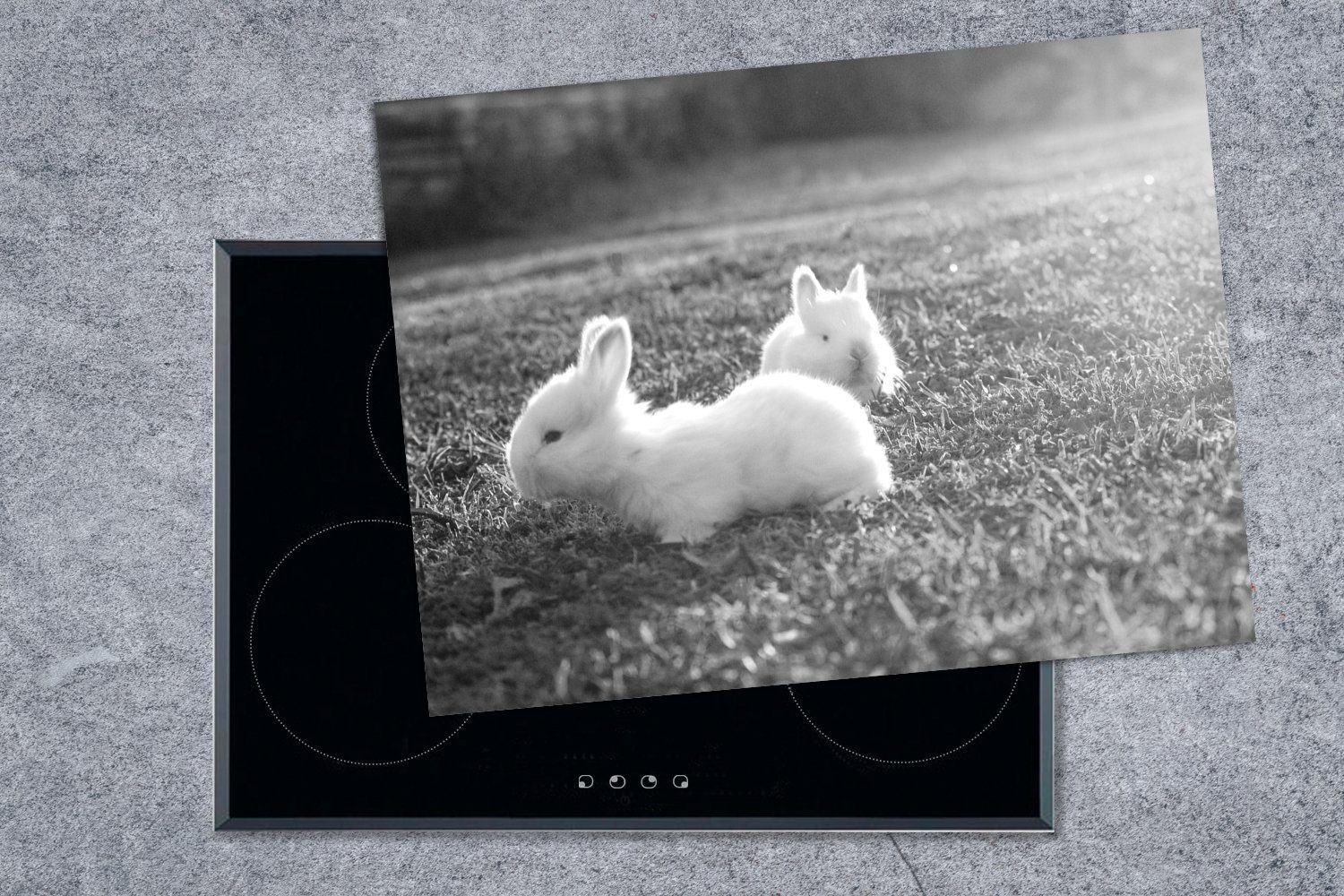 Kaninchen Herdblende-/Abdeckplatte kleine Gras Mobile tlg), spielen (1 im schwarz cm, - Arbeitsfläche 70x52 und MuchoWow Zwei weiß, Ceranfeldabdeckung Vinyl, nutzbar,