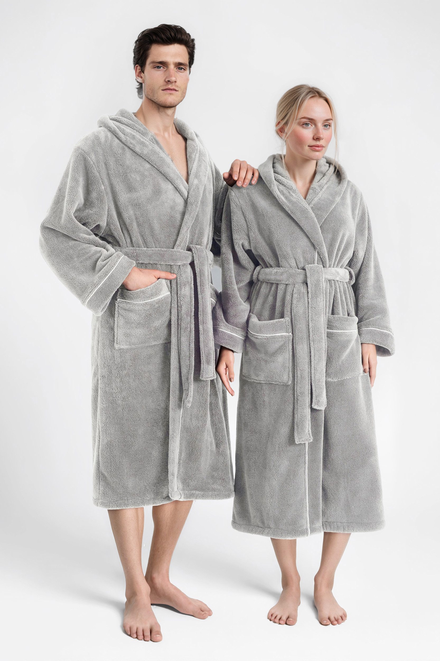 OTTO home Unisex-Bademantel Lillou, ideal für Sauna & Spa, Hotelbademantel, Morgenmantel, Langform, Microfaser, Kapuze, Gürtel, kuschelig weicher Fleece, plüsch, für Damen und Herren, XS-3XL