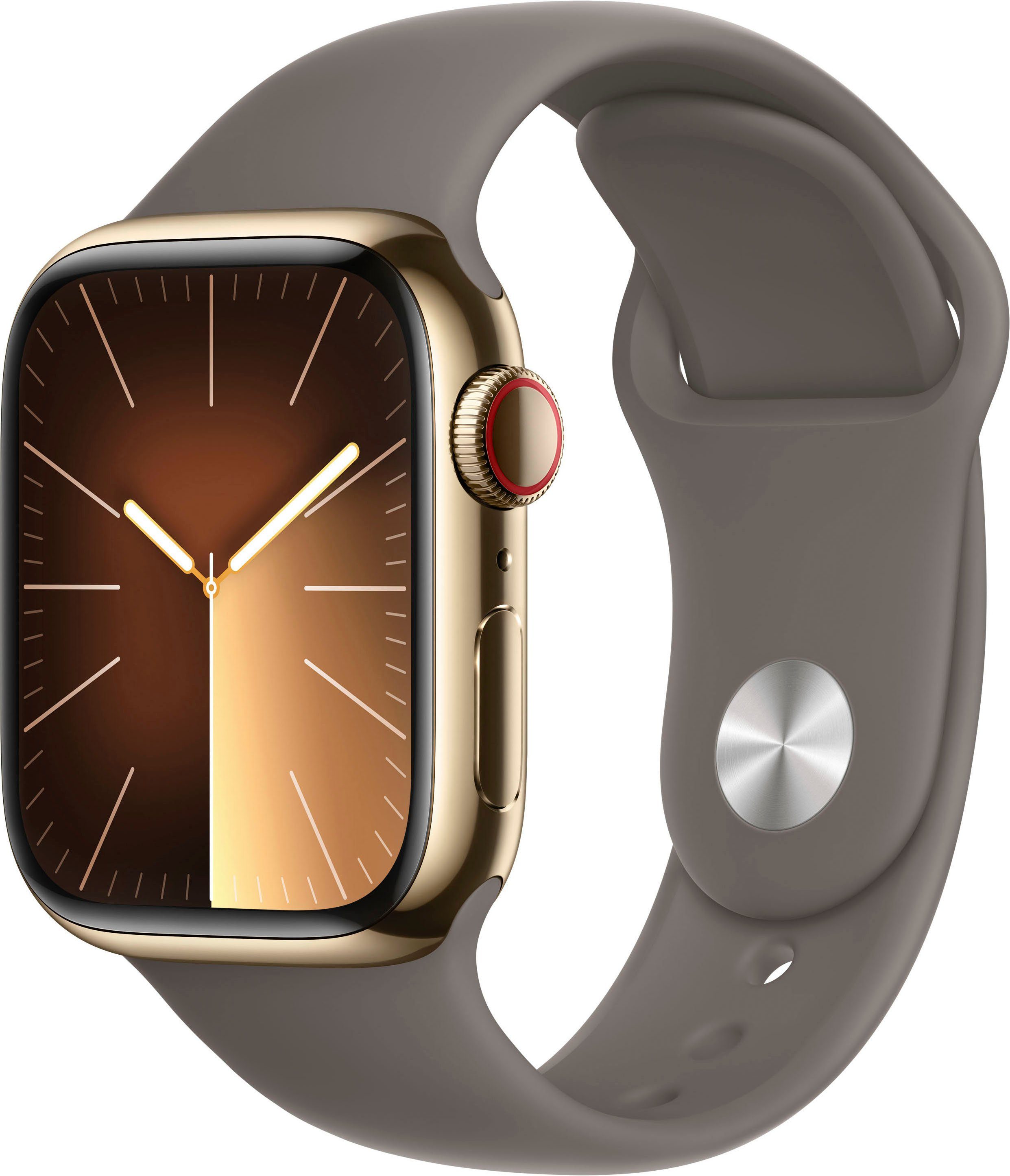 Apple Watch Series 9 GPS + Cellular 41mm Edelstahl Smartwatch (4,1 cm/1,61 Zoll, Watch OS 10), Sport Band Clay | Gold