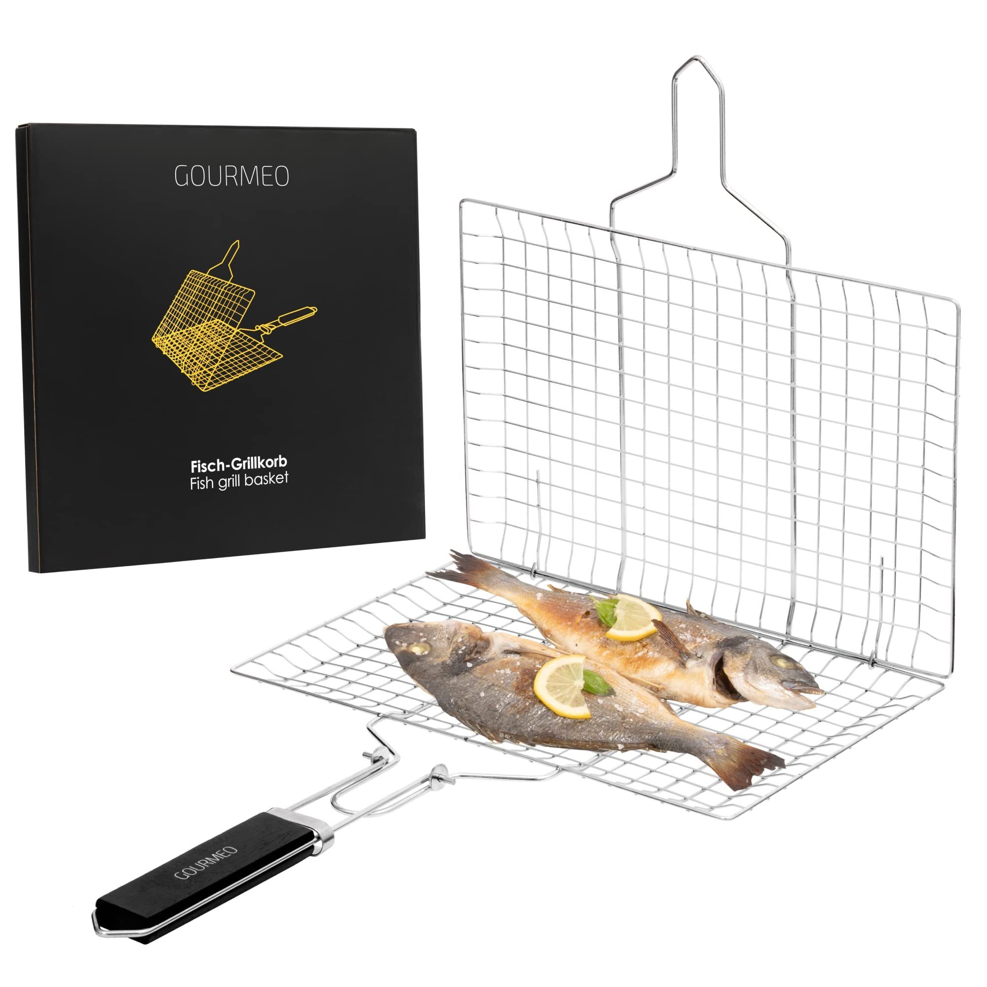 GOURMEO Grillplatte Grillkorb mit Holzgriff und Bürste für Fisch, Fleisch und Gemüse, Grillkorb für Fisch, Fleisch und Gemüse mit Holzgriff und Bürste
