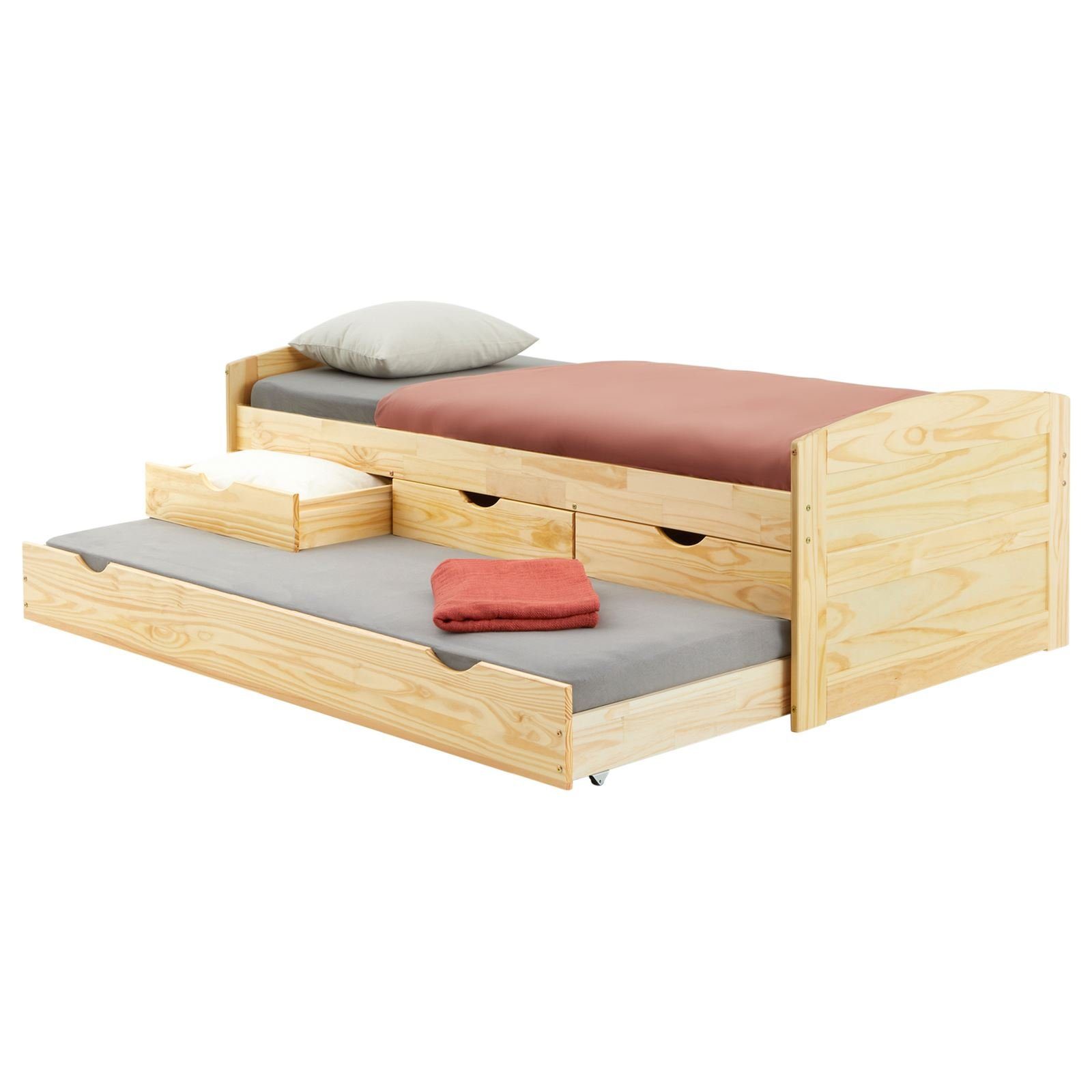 IDIMEX Funktionsbett JESSY, Bett mit Stauraum Kiefer massiv Jugendbett Gästebett Bett 90x200 cm na natur | Stauraumbetten