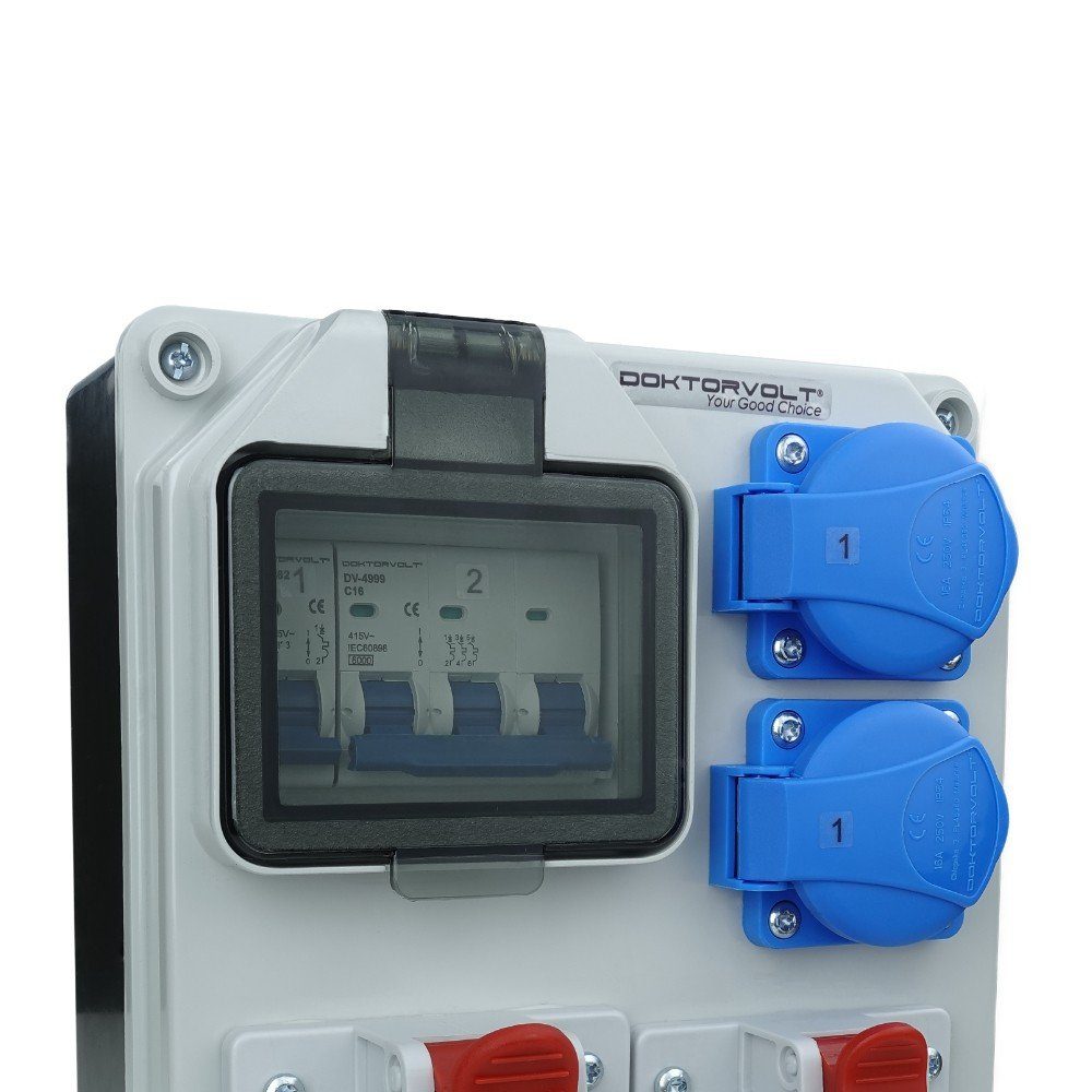 Doktorvolt Stromverteiler HL-S 32A 16A 2x230V Komplett Baustromverteiler Steckdosenverteiler 4-fach (Wandverteiler, 1x LSS C16A 6kA 3P, 1x LSS C 16A 6kA 1P)