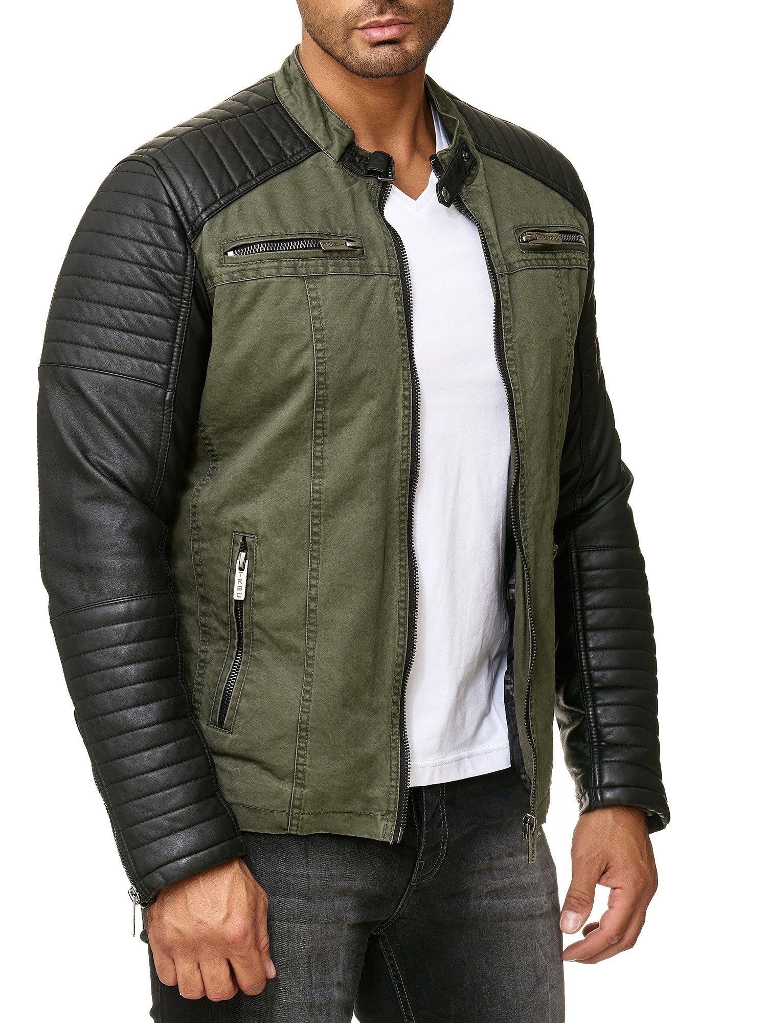 Lederimitatjacke Khaki RedBridge Baumwolle Kunst-Leder Qualität Premium Bikerjacke und