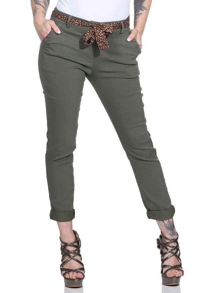 Hose M. mit gemustertem Klassische Tuch Stretch Female Oliv Stretch-Hose Chino Damen Mississhop 366