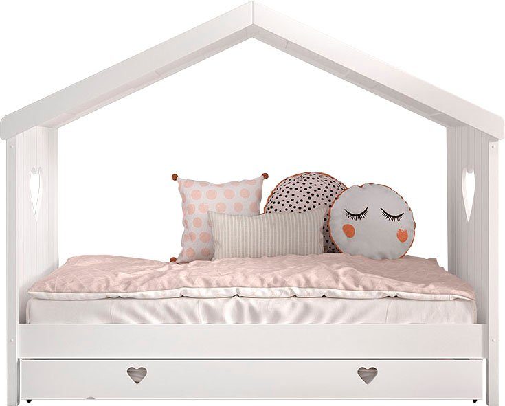 Vipack Hausbett Amori, inkl. Dach, Rückseitig offen, mit Rolllattenrost (B/H/T ca. 213x171,7x98,7cm, verspielte Herz-Ausschnitte seitlich), wahlweise, mit oder ohne Schublade und Absturzschutz, weiß lackiert