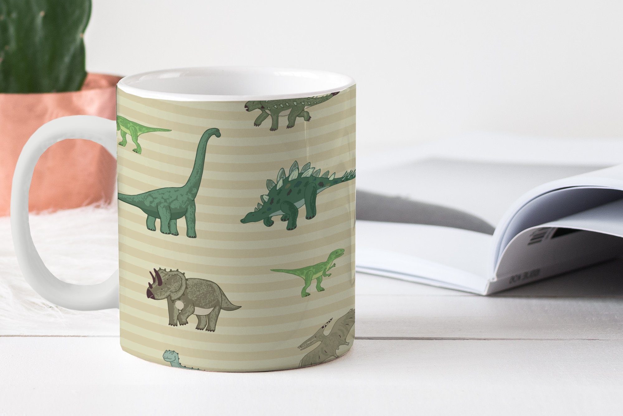 Becher, Mädchen Keramik, Braun Grün - - MuchoWow - Geschenk Teetasse, Jungen Kaffeetassen, Kinder, Tasse - Teetasse, Dinosaurier -