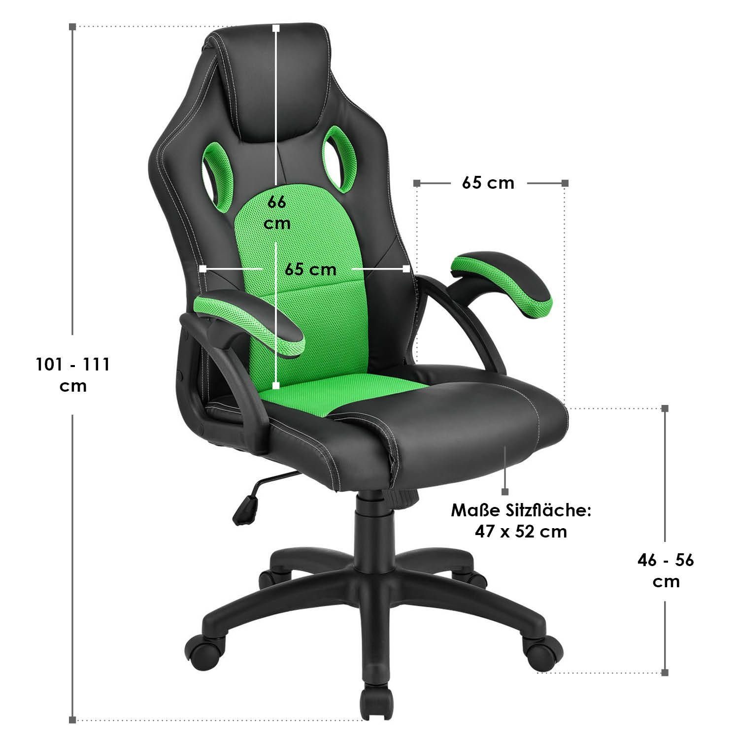 Juskys Gaming-Stuhl Montreal, Ergonomisch Sitzfläche, Grün und Schwarz, kippbar Rückenlehne geformte Sitzfläche