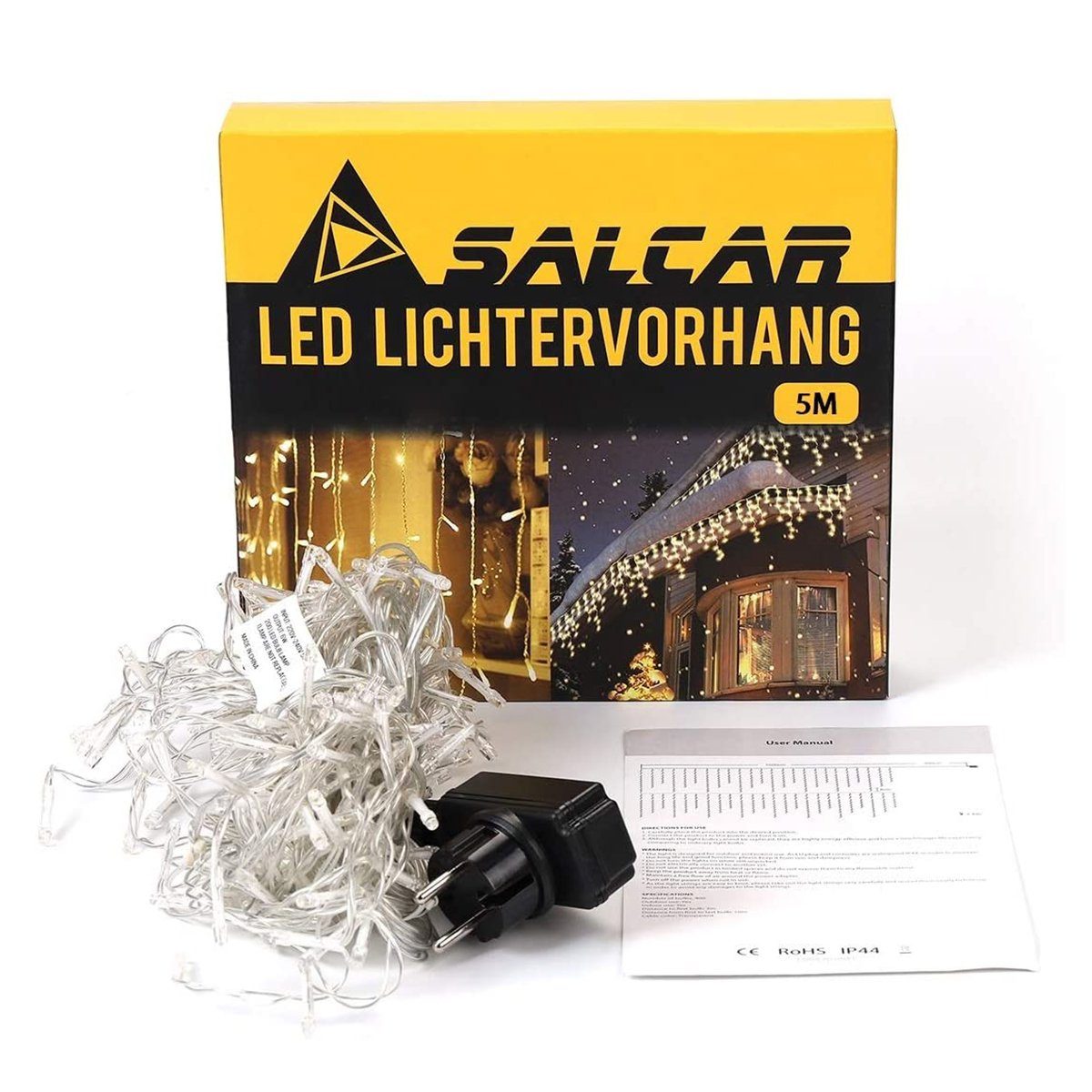 LED-Lichtervorhang Lichterkette Lichtervorhang Kaltweiß, Wasserdicht, 8 LED Salcar Modi Memory-Funktion, Eisregen 10m Außen Weihnachten und