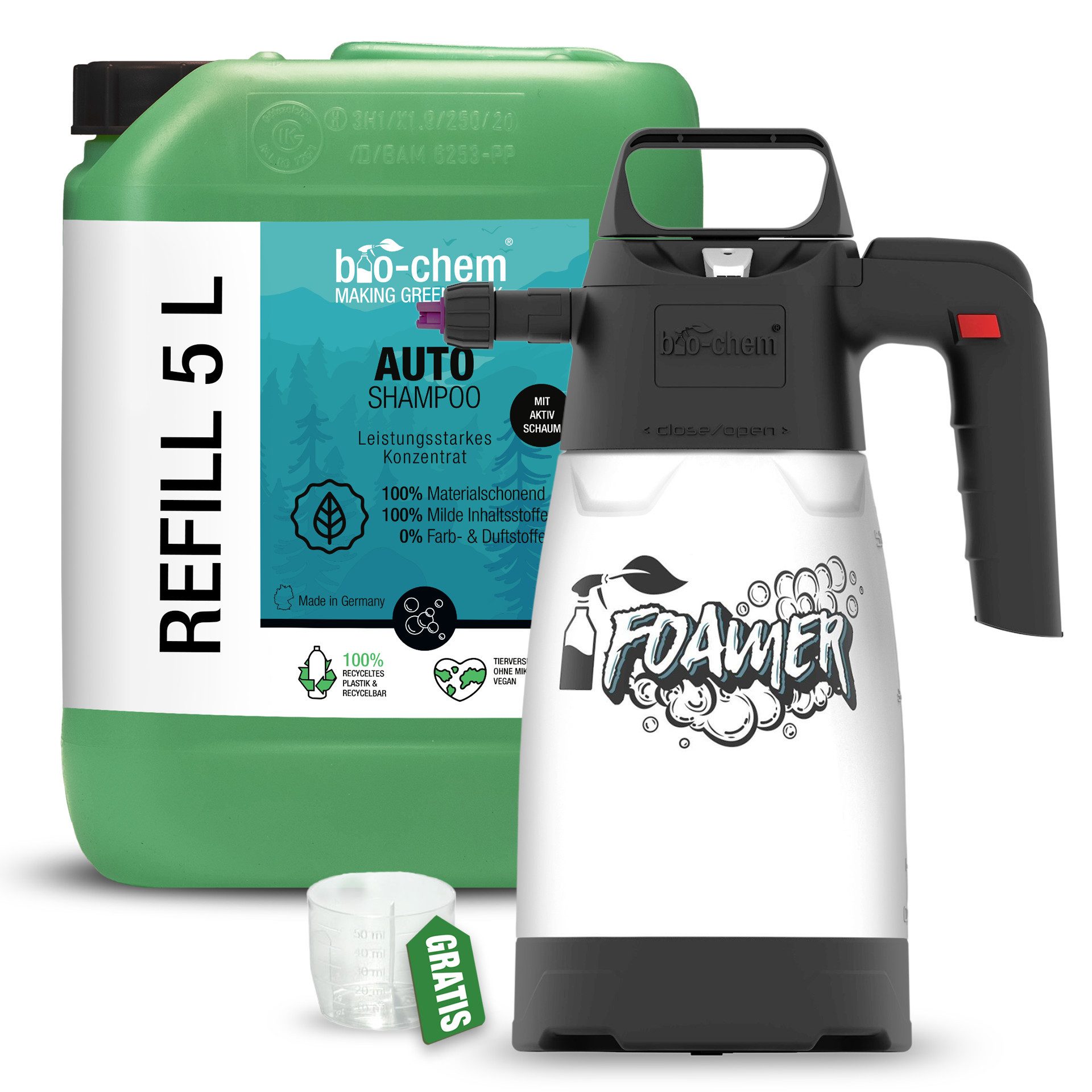 bio-chem AutoShampoo 750ML – pH-neutral & stark gegen Schmutz Autoshampoo (Sparpaket, [- Auto Shampoo 5 l Kanister + Dosierbecher + Schaumsprüher pH-neutral, biologisch leicht abbaubar)