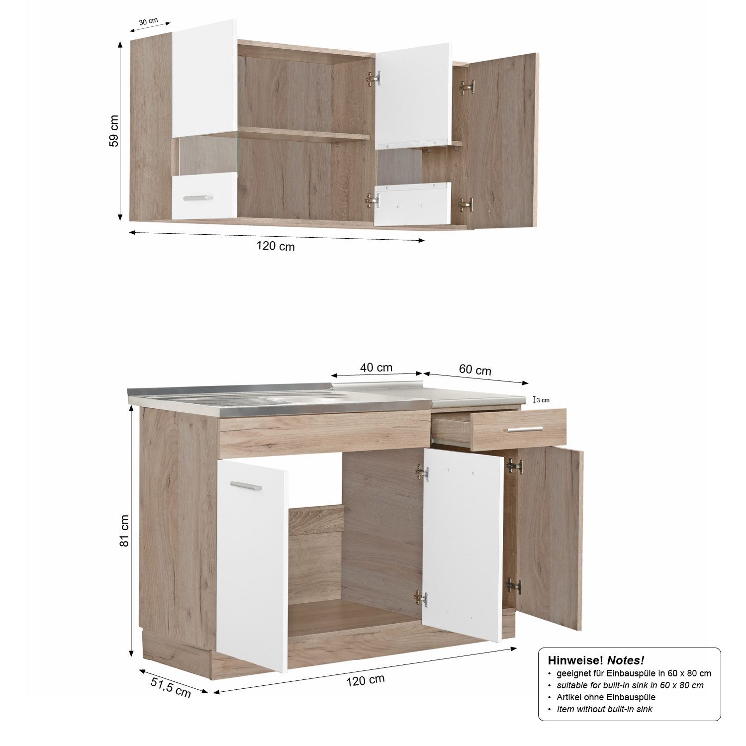 Homestyle4u Küchenzeile 120 cm ohne Geräte Singleküche Küchenschränke Weiß matt Eiche Braun, (Oberschränke, Unterschränke, 2 Arbeitsplatten, Einbauküche), Küchenblock, Einbauküche, Miniküche