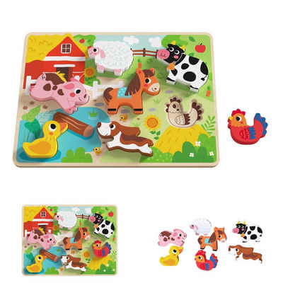 Tooky Toy Steckpuzzle 3D Kinder Holz-Puzzle Tiere, 8 Puzzleteile, 8-teiliges Steckpuzzle, ab 12 Monaten