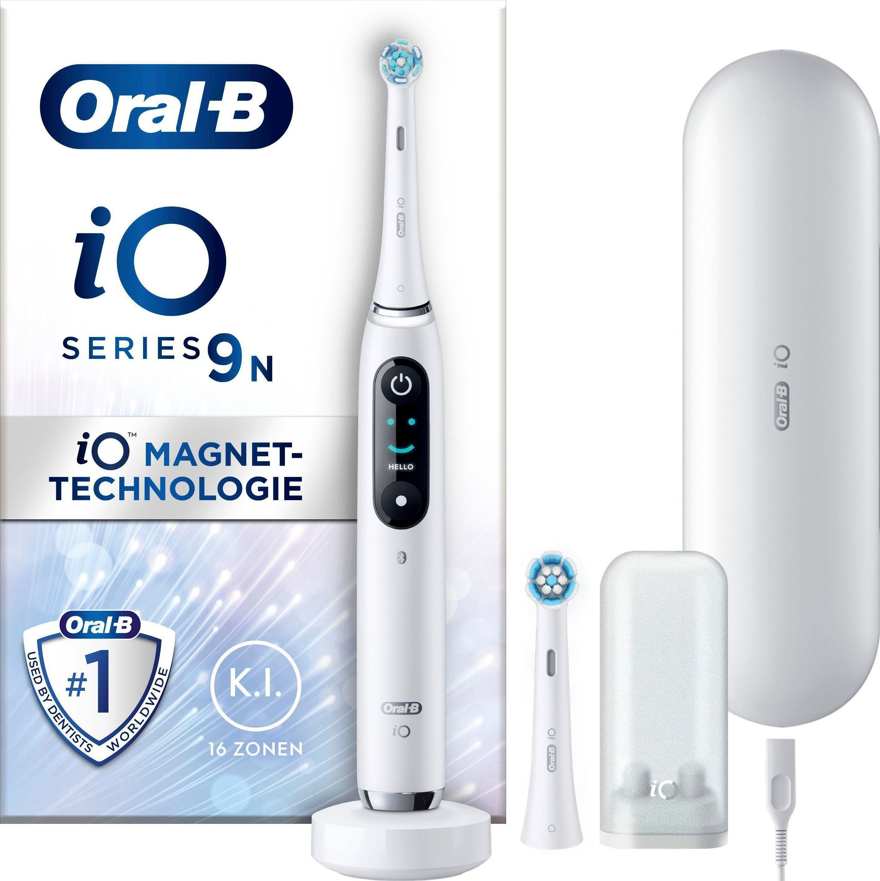 Oral-B Elektrische Zahnbürste iO 9, Aufsteckbürsten: 2 St., mit Magnet-Technologie, 7 Putzmodi, Farbdisplay & Lade-Reiseetui White Alabaster | Elektrische Zahnbürsten
