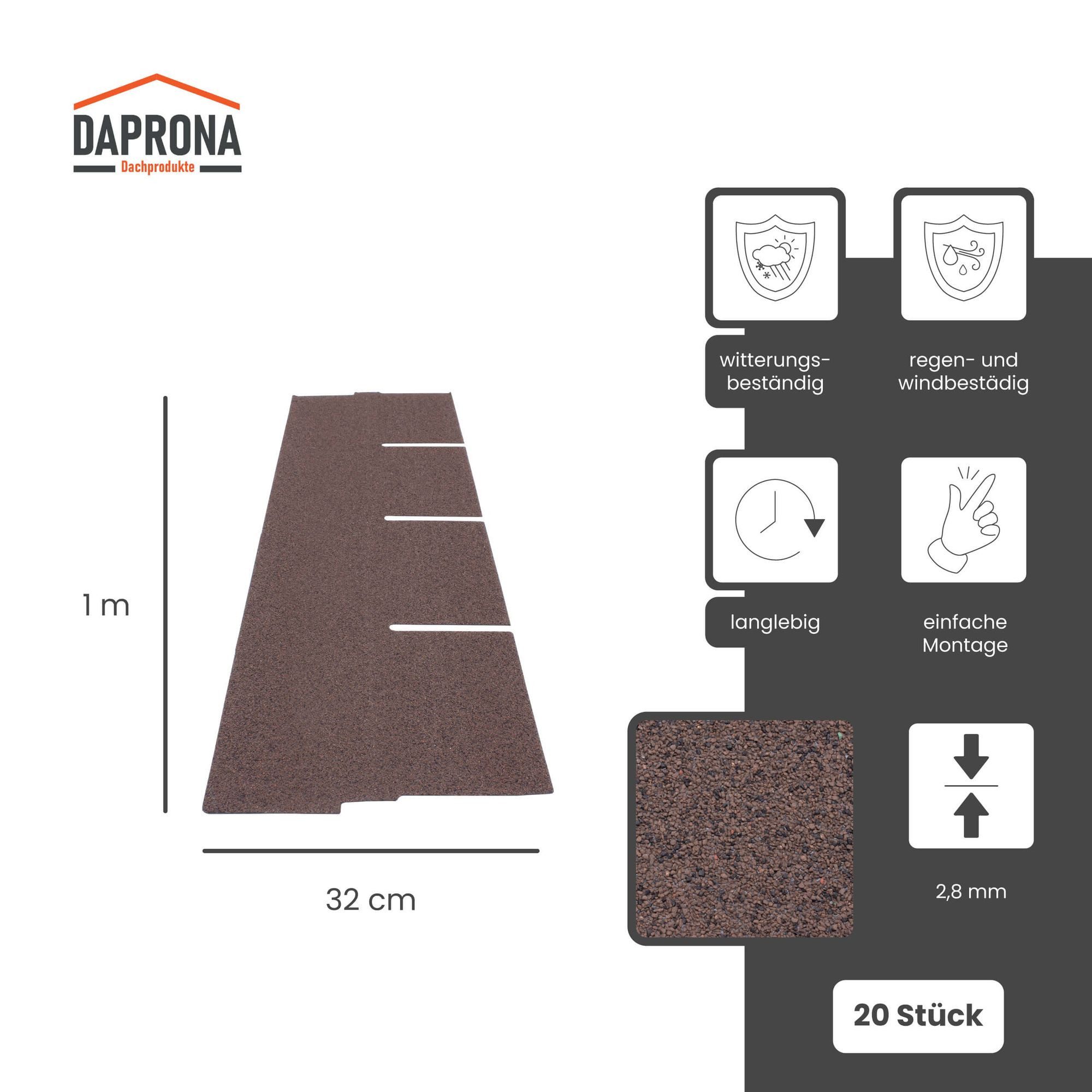 DAPRONA Dachschindeln Dachschindeln Rechteck 1m x 32cm, Braun, (20-St), Bitumenschindeln für Gartenhaus, Carport