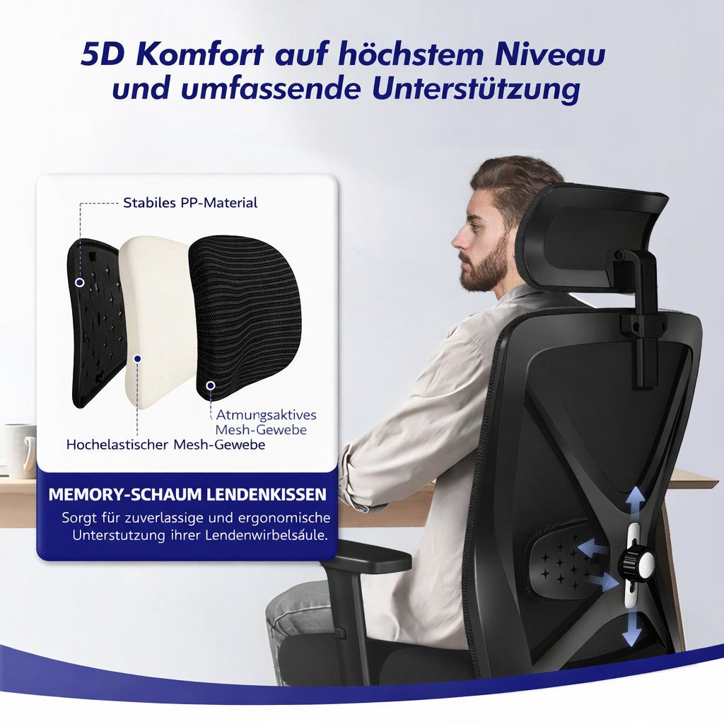 Adormii Bürostuhl bürostuhl ergonomisch, schreibtischstuhl mit Metallfuß (Ergonomischer bürostuhl mit 5D-verstellbarer Lordosenstütze, 90°–135° neigbar, büro stuhl mit verstellbaren Armlehnen, ergonomic office chair mit höhenverstellbarer Sitz, atmungsaktiv und komfortabel, bürostuhl 200 kg)