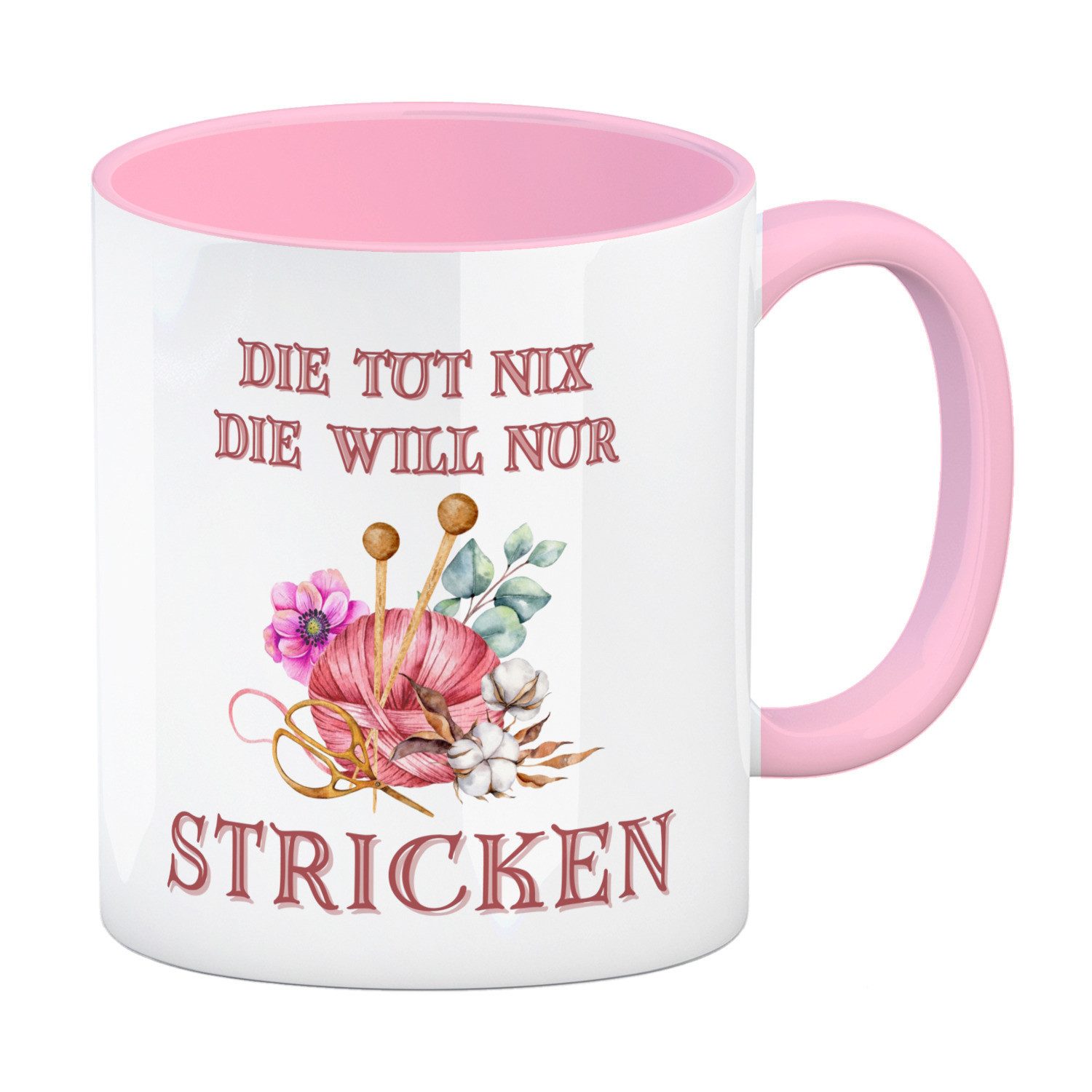 speecheese Tasse Stricken Kaffeebecher in rosa mit Spruch Die tut nix will nur