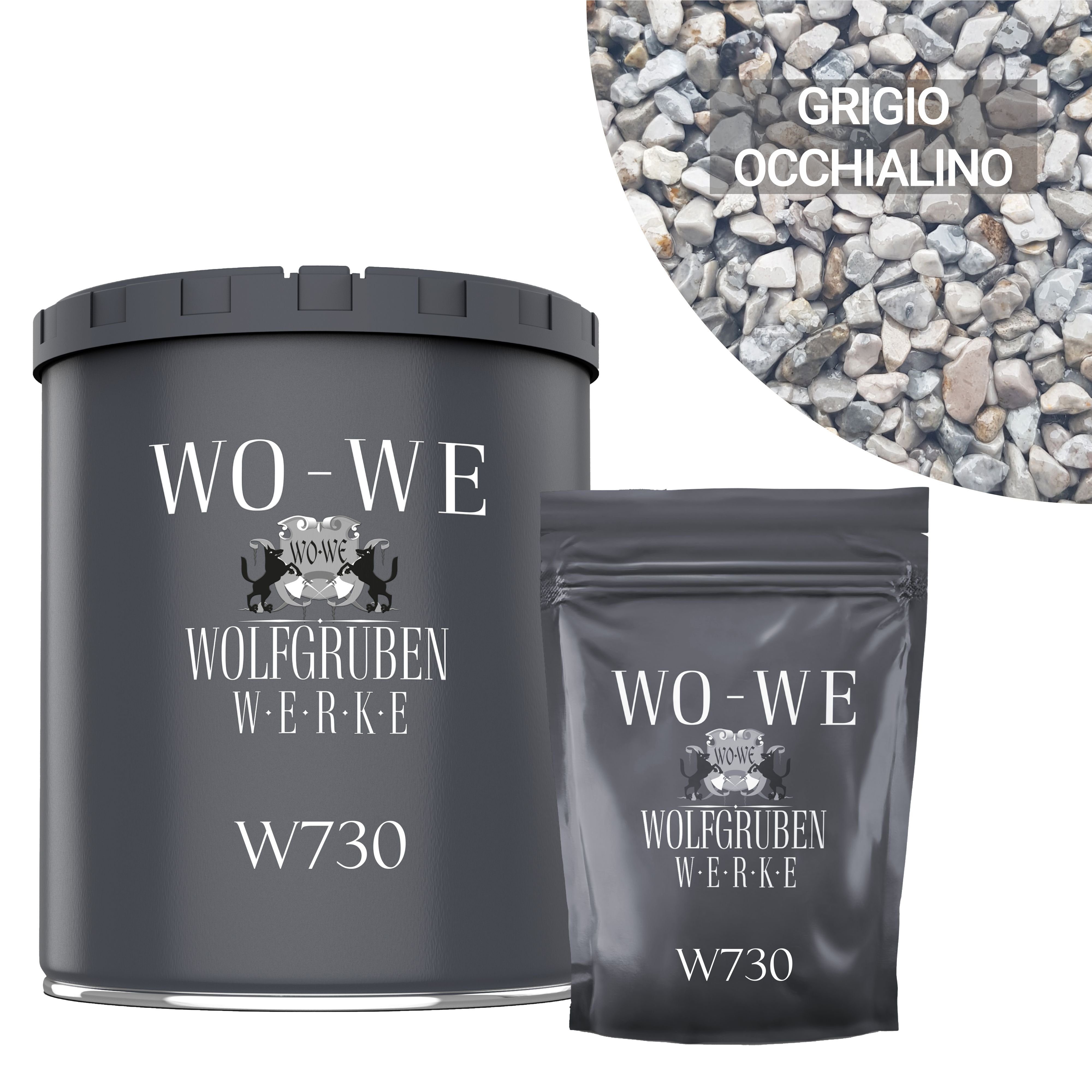 WO-WE Korngröße 4-8mm Bodenfliese Steinteppich Set Marmorkies Bodenbeschichtung W730 2qm, Naturgrau - Grigio Occhialino, Set, 25KG Marmorkies + 1,5KG 2k Bindemittel