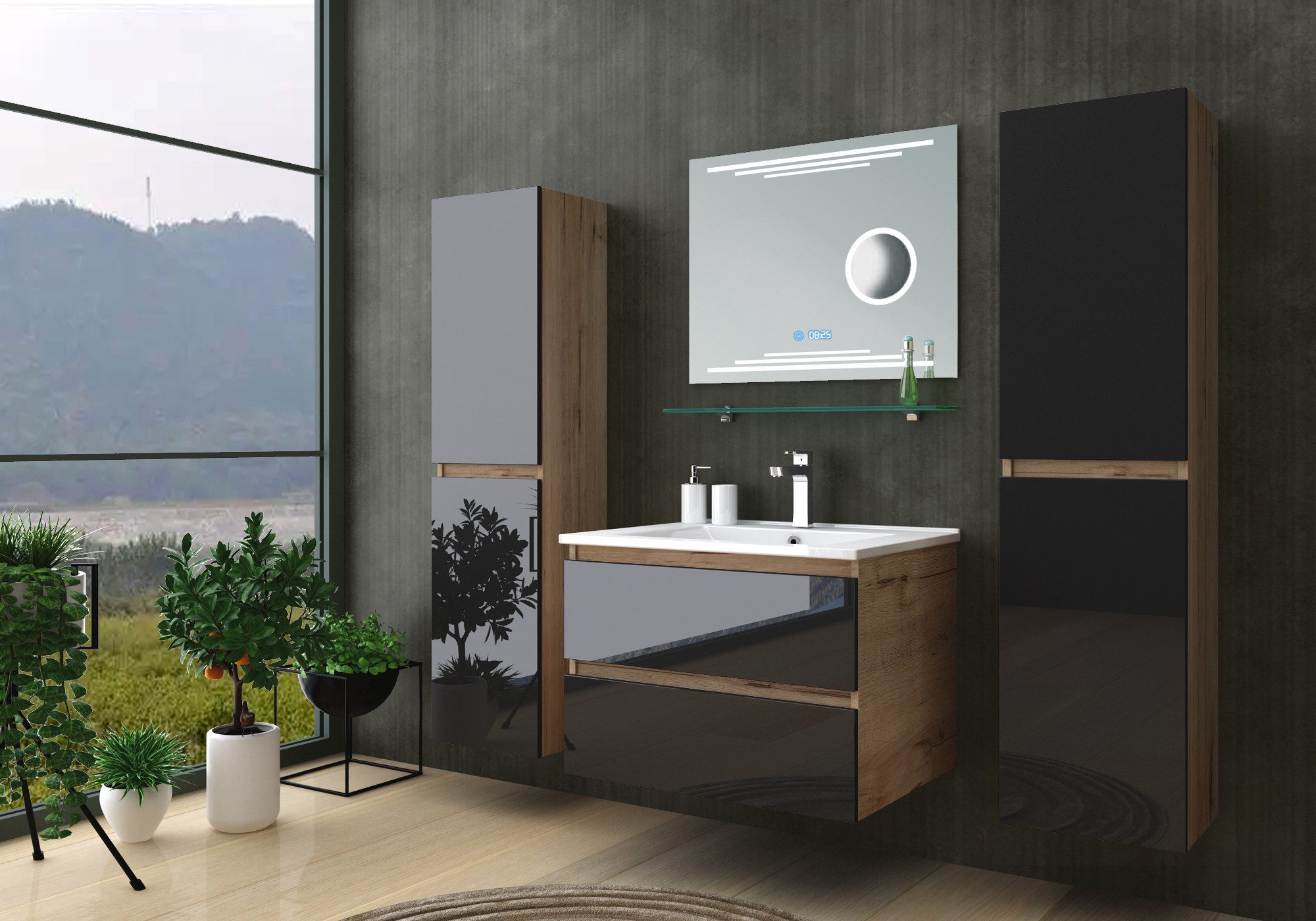 Homeline Badmöbel-Set Kaiser badmöbel, Set Eiche/Schwarz mit Kosmetik Spieg günstig online kaufen