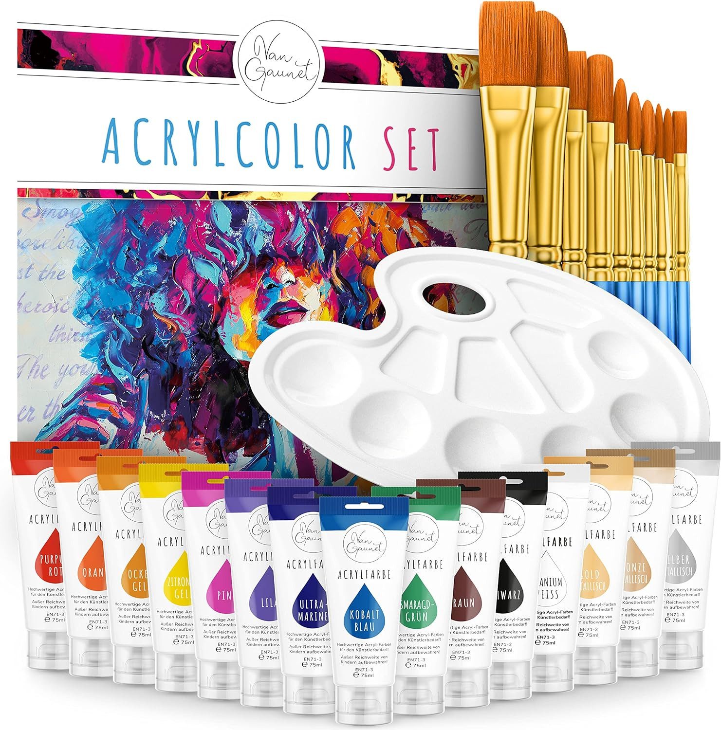 Acrylfarbe im Set – 16 Acrylfarben 75ml Pigment & 10 Pinsel