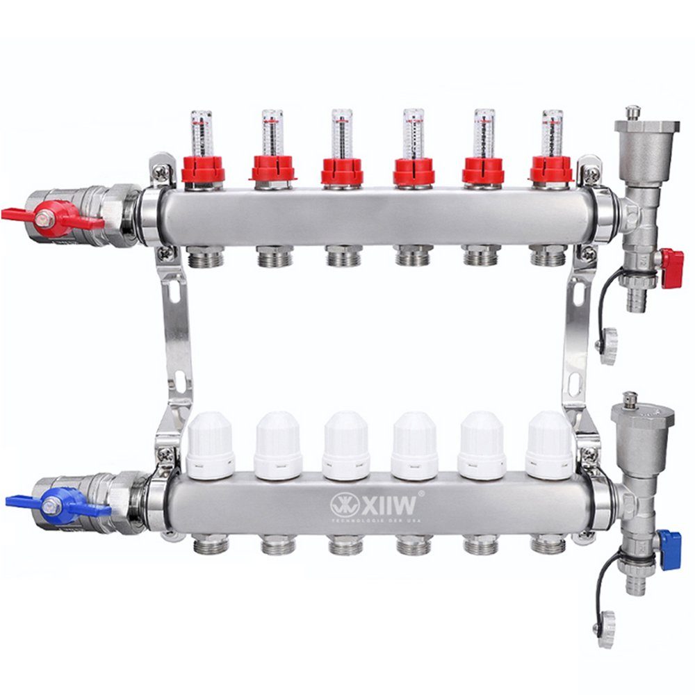 XERSEK Fußbodenheizung Edelstahl Heizkreisverteiler 2-13 Fach Heizkreise für Fußbodenheizung, mit Entlüfter Durchflussmesser für HKV
