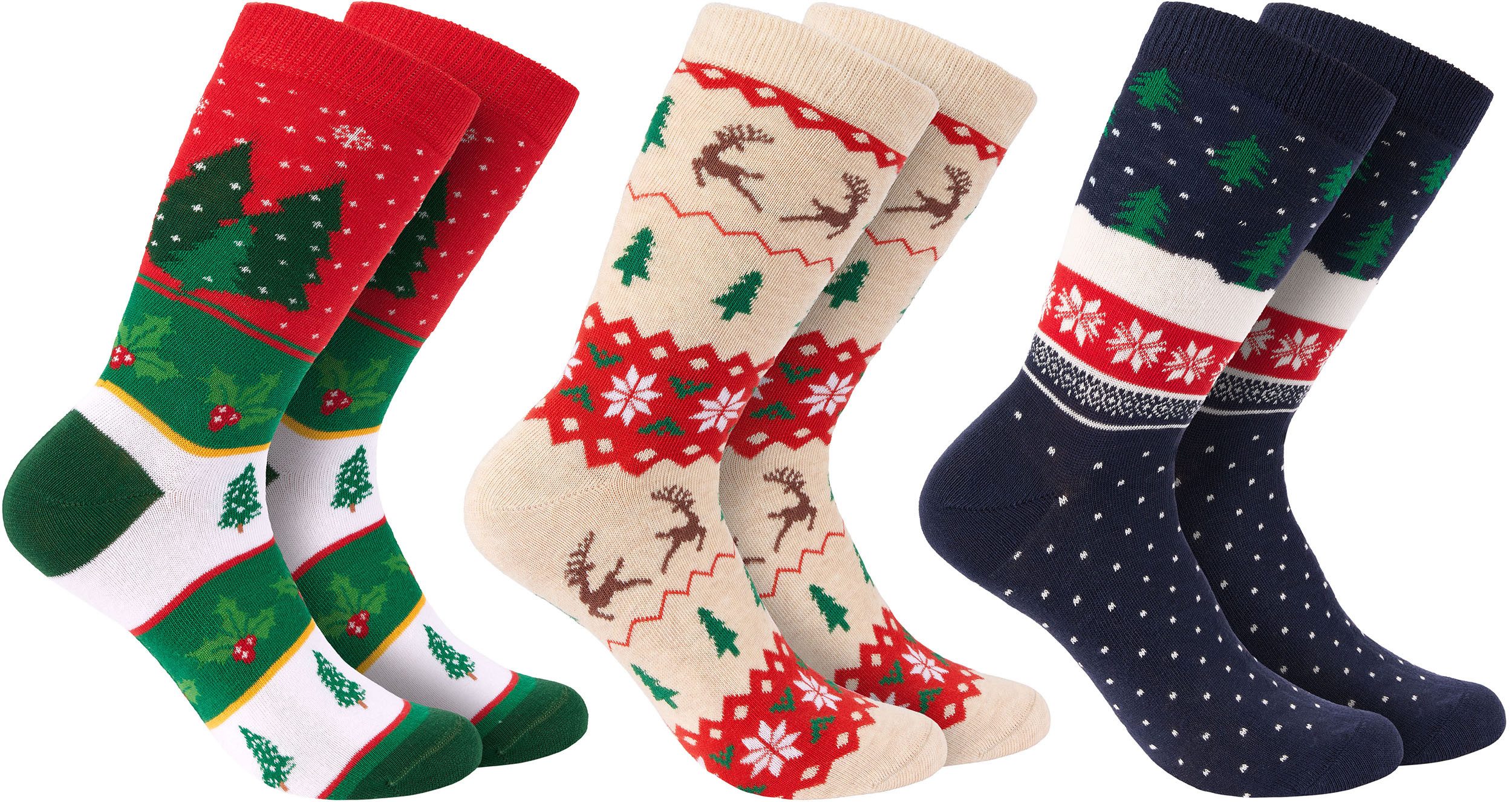 BRUBAKER Socken 3 Paar Weihnachtssocken - für Damen und Herren (Lustige Socken mit Weihnachtsmotiven, 3-Paar, Weihnachtsbaum Muster Beige, Rot und Blau) - Baumwolle - Geschenk Weihnachten - EU 35-40 & EU 41-45