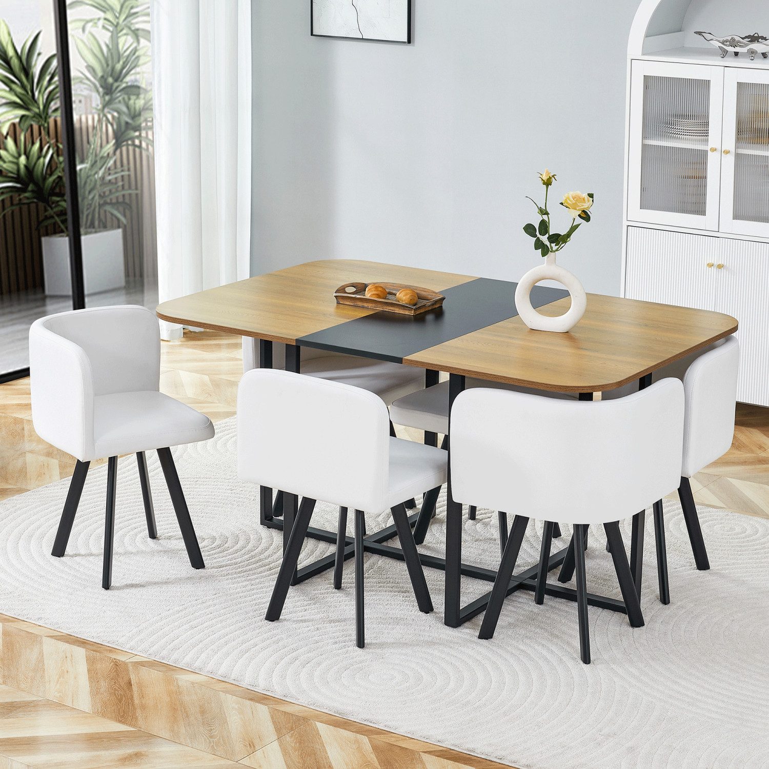 ANYSUN Essgruppe Esstisch-Set,Esstisch mit 6 Stühlen, für 4-6 Personen, (Set, 7-tlg,Tisch mit Holzmaserung-Oberfläche & schwarzem Metallgestell, Tisch mit 6 Stühlen), Esszimmerstuhl,rechteckig Küchentisch,ideal für Küche & Wohnzimmer