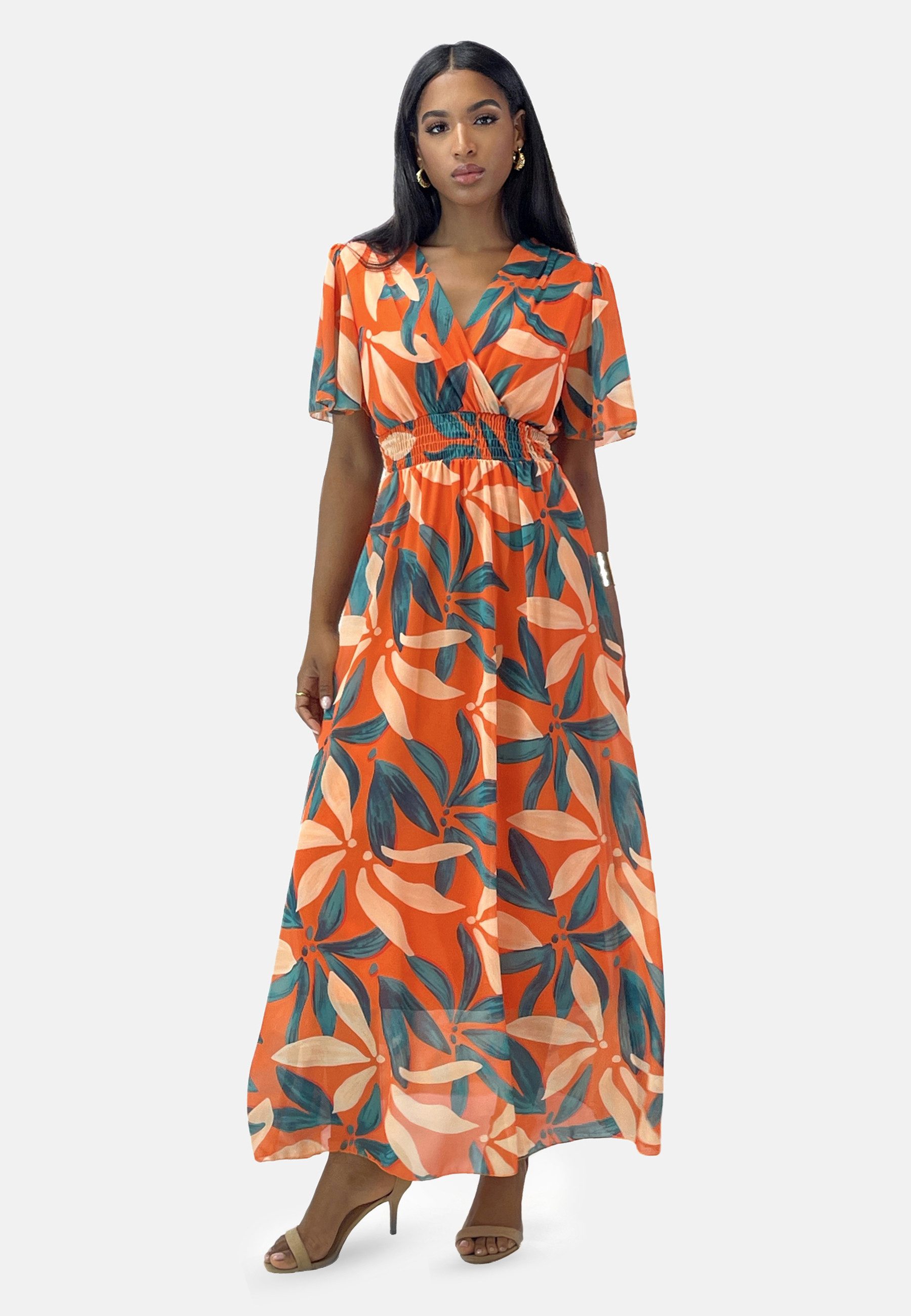 Elara Maxikleid Damen Maxikleid mit V-Ausschnitt, Chiffon-Optik & gesmokter Taille (1-tlg)