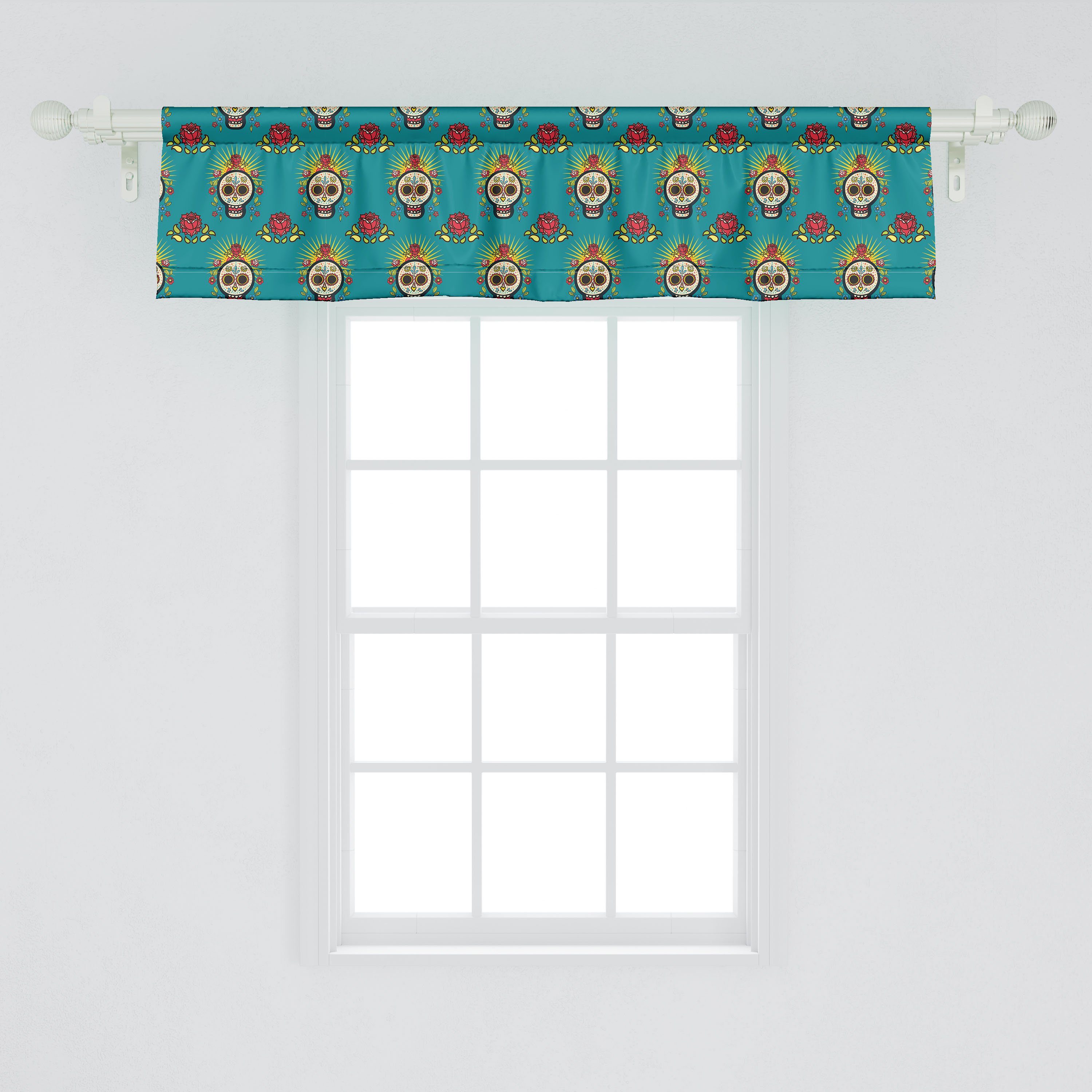 Scheibengardine Stangentasche, Volant Schlafzimmer Küche mit Entwurf für Ethnischer Blumen Vorhang Abakuhaus, Dekor Zuckerschädel Microfaser,