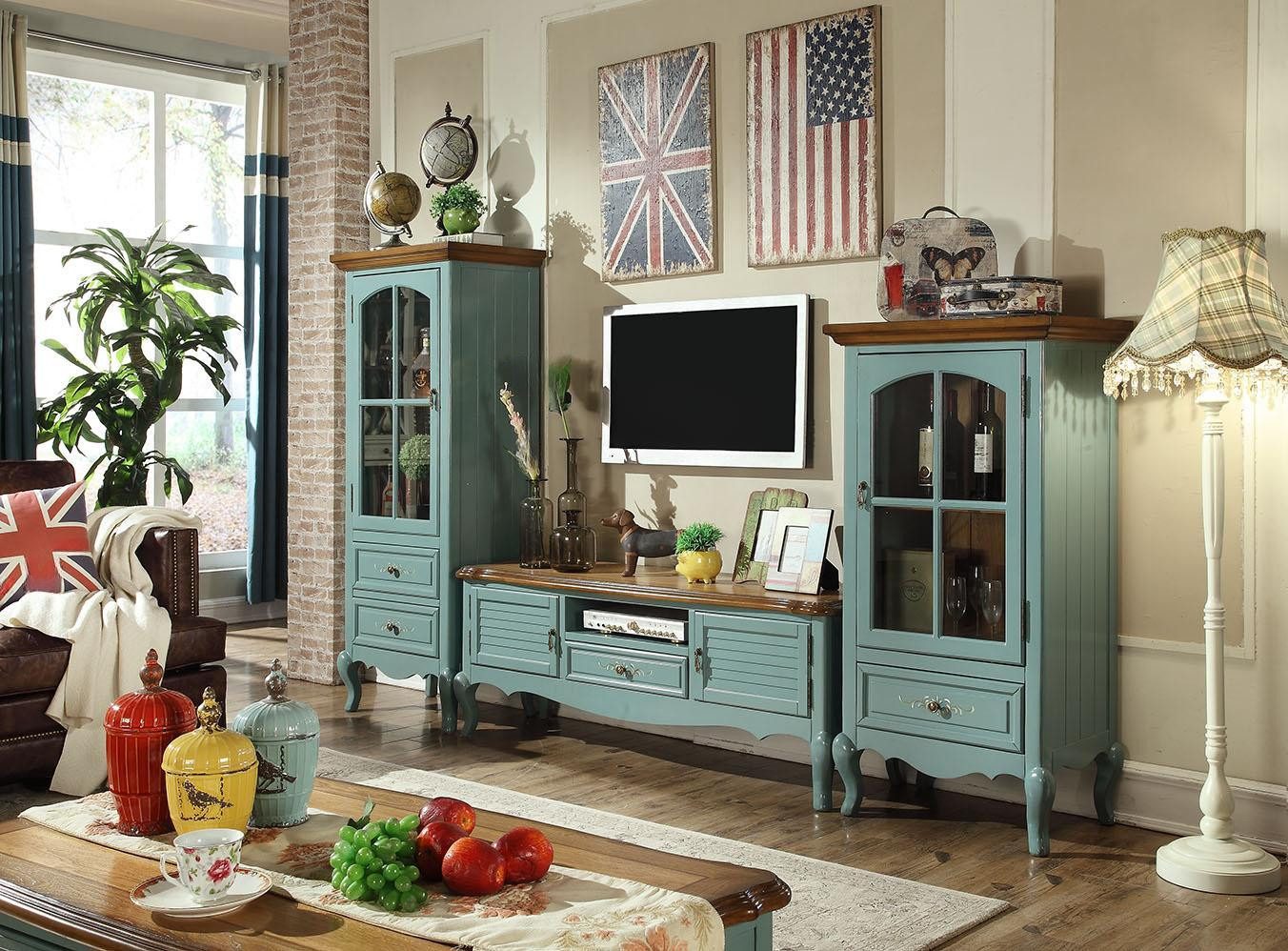 JVmoebel Wohnwand Landhausstil Vitrine aus Holz mit Sideboard und Schrank, Made in Europa