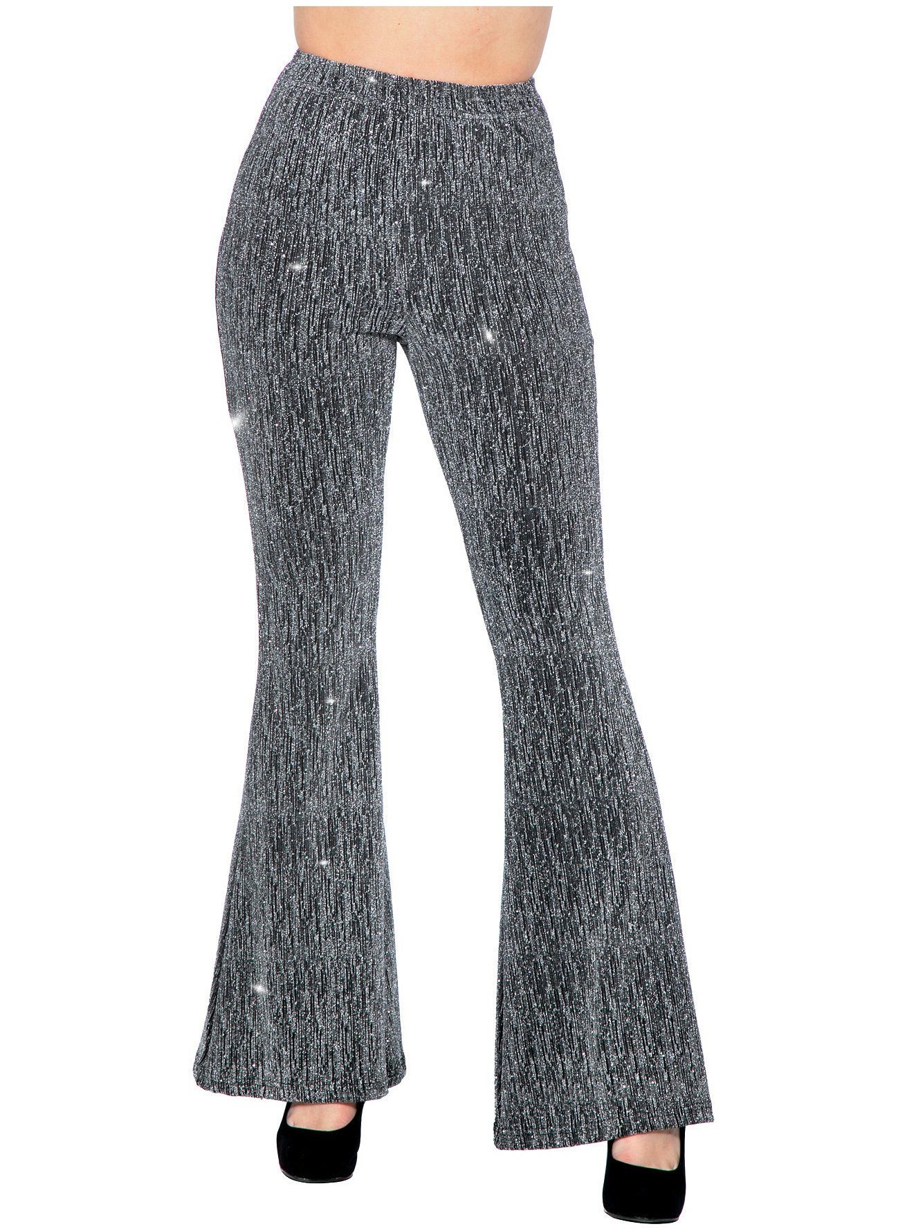 Metamorph Kostüm Glitzer Leggings mit Schlag silber, Hautenge Schlaghose im Disco-Style