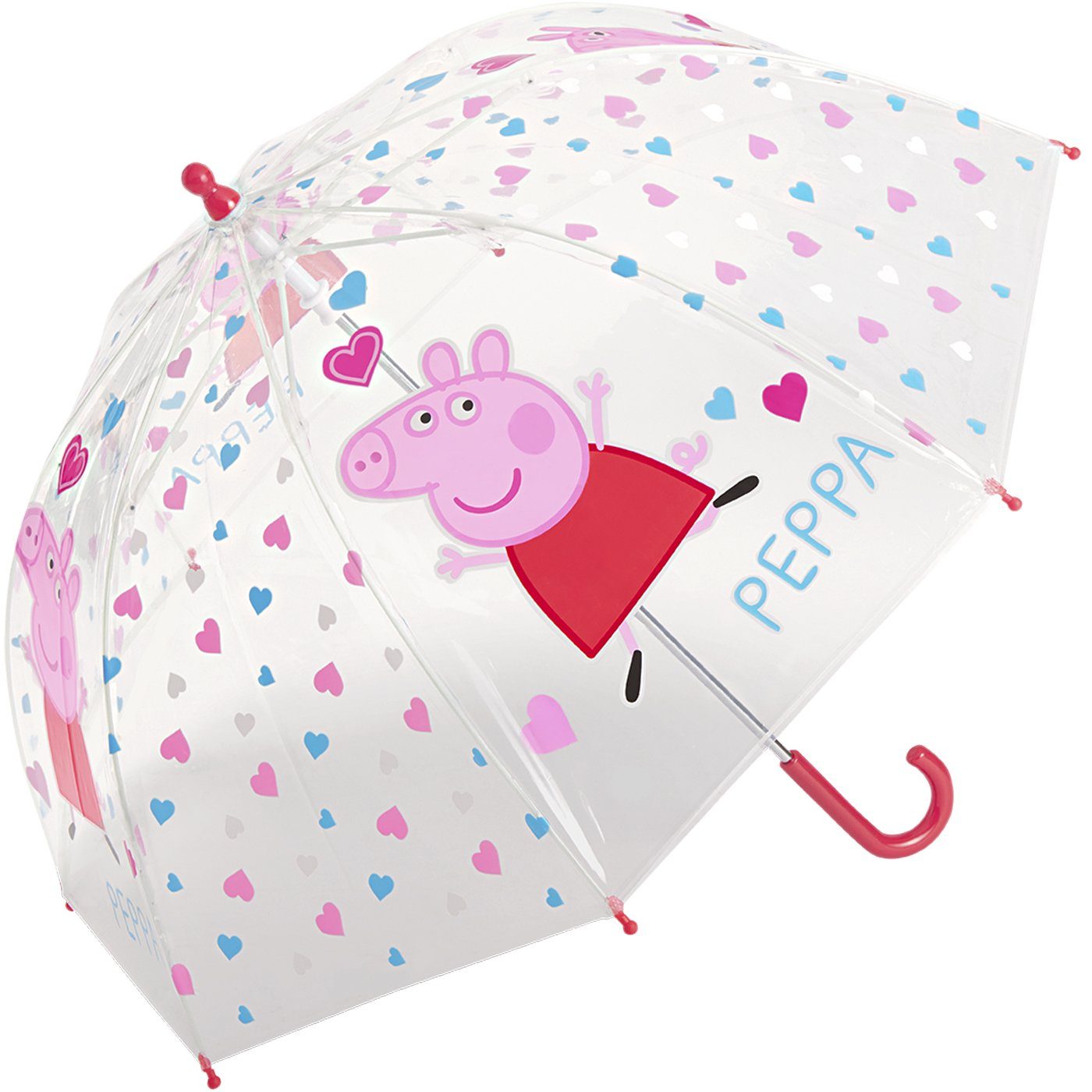 HAPPY RAIN Pig Kinder-Stockschirm Herzen transparent leicht, stabil, Motiven Peppa durchsichtig, Stockregenschirm mit