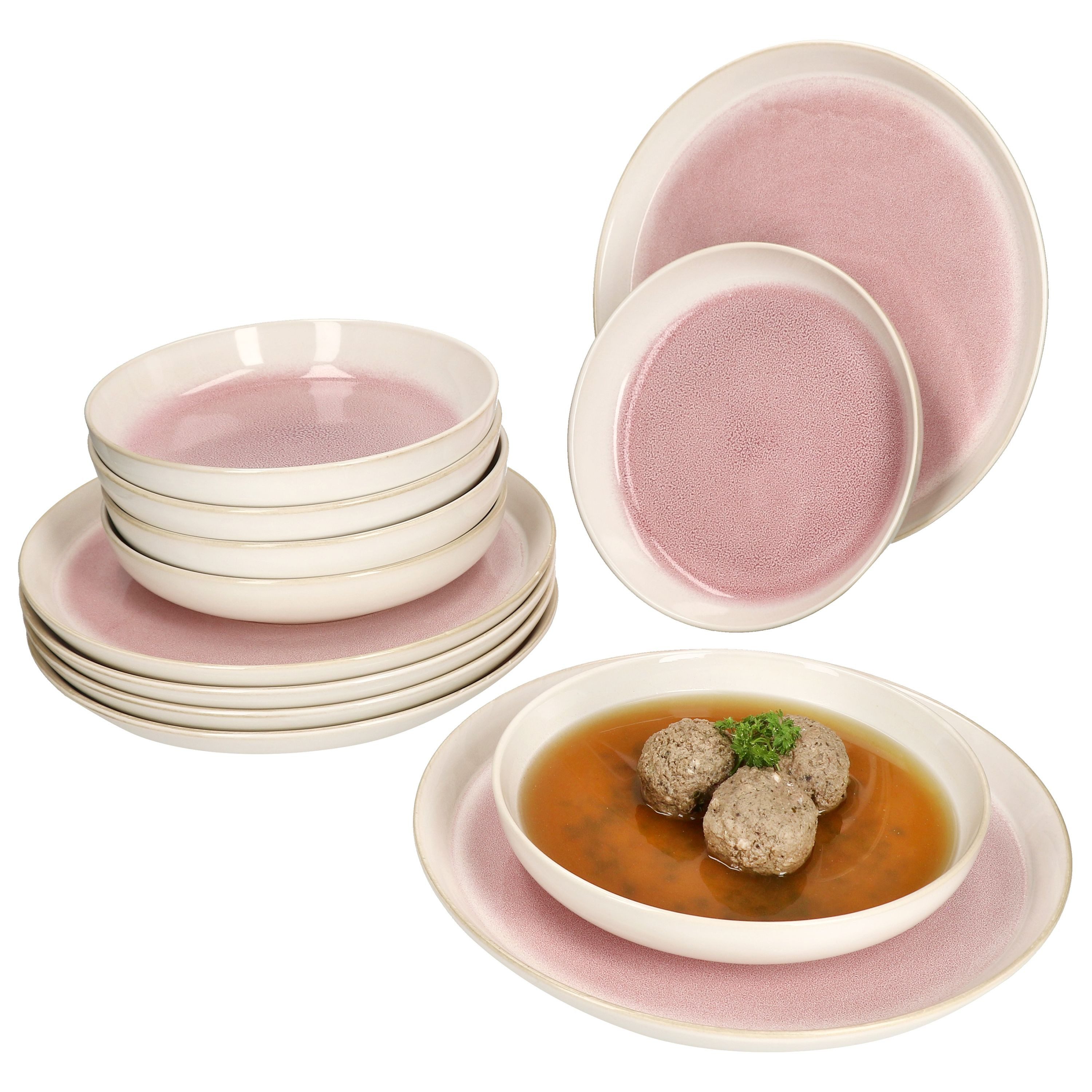 MamboCat Tafelservice 12tlg Tafelservice Reactive Glaze Paris 6 Personen Pink, Steingut