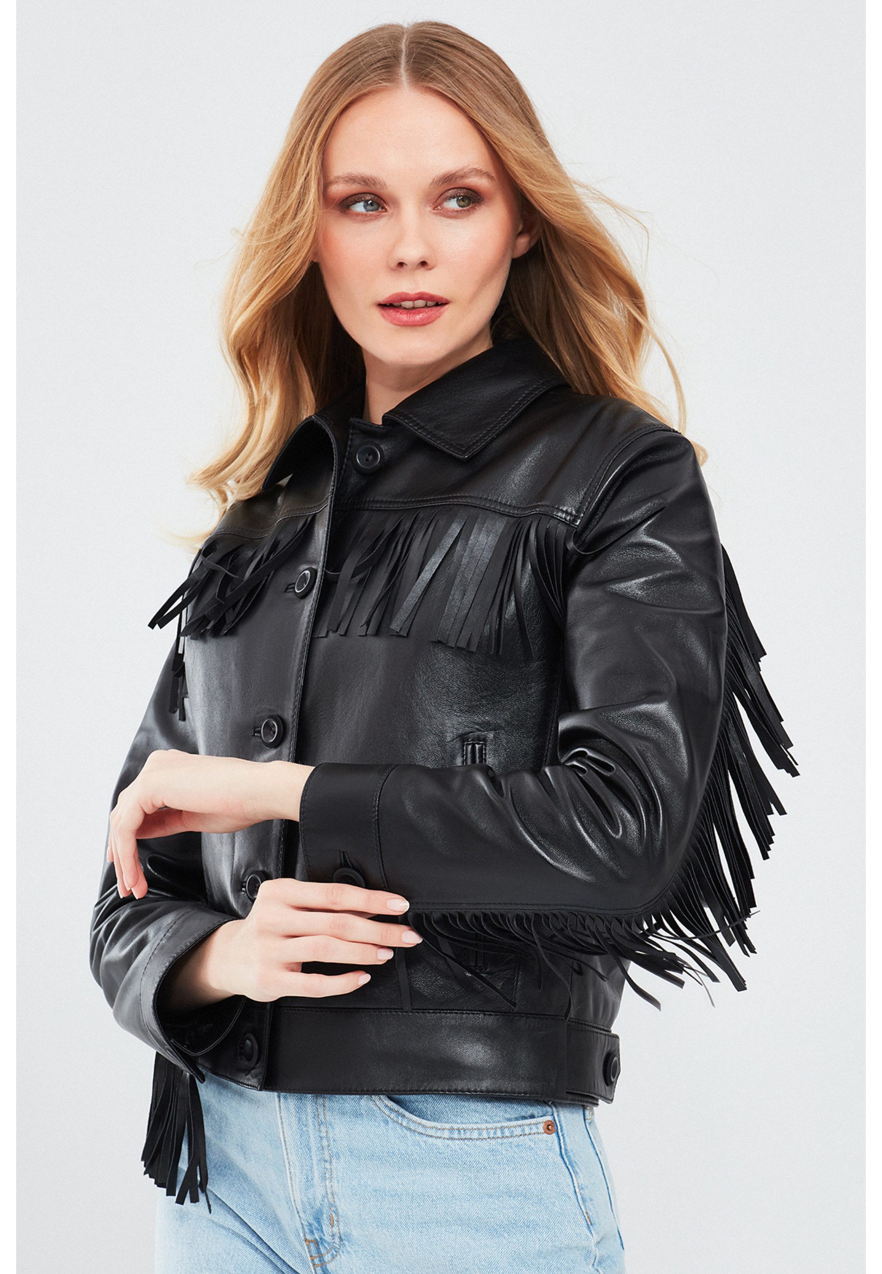 Derimod Lederjacke Luna Lederjacke mit Fransen Regular Fit, Knopfverschluss, Hemdkragen, Kurz, Textilfutter