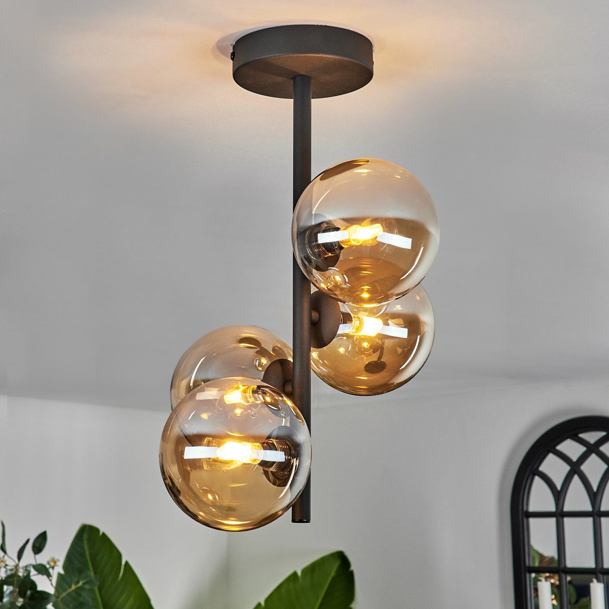 Metall/Glas ohne ohne Leuchtmittel G9 x 4 Deckenleuchte Retro-Design Leuchtmittel, Leuchte LED, in im Schwarz/Bernsteinfarben, aus aus Glas, hofstein Deckenlampe