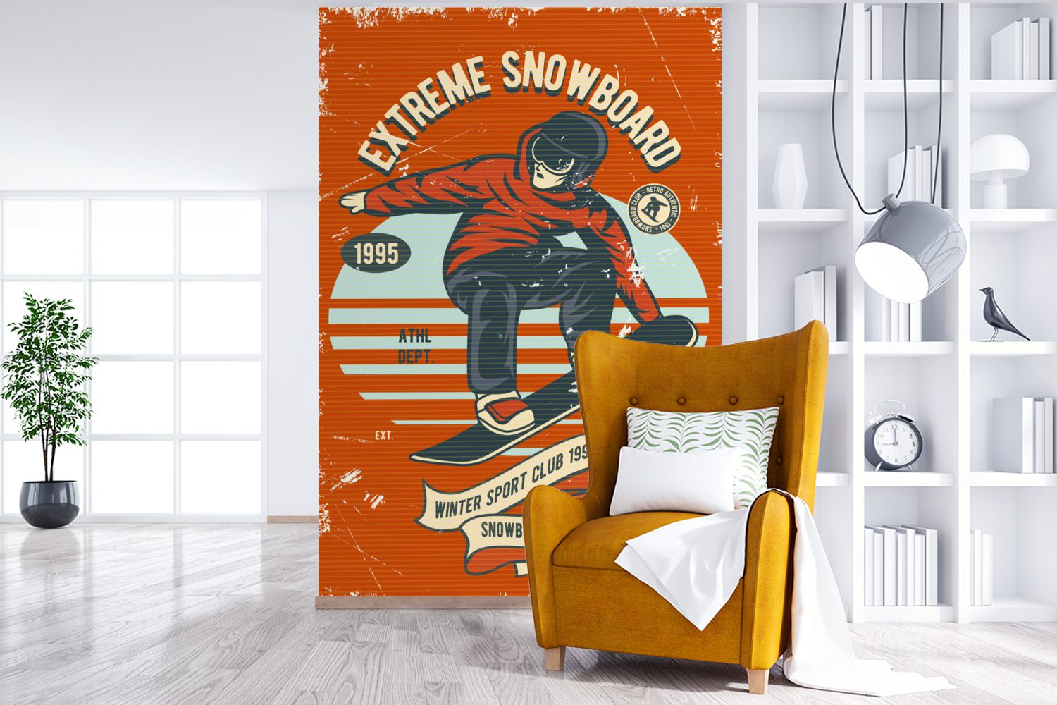 Wohnzimmer, Snowboard Tapete Retro, Montagefertig - Matt, bedruckt, Vinyl - Wandtapete MuchoWow St), (3 für Fototapete Mann