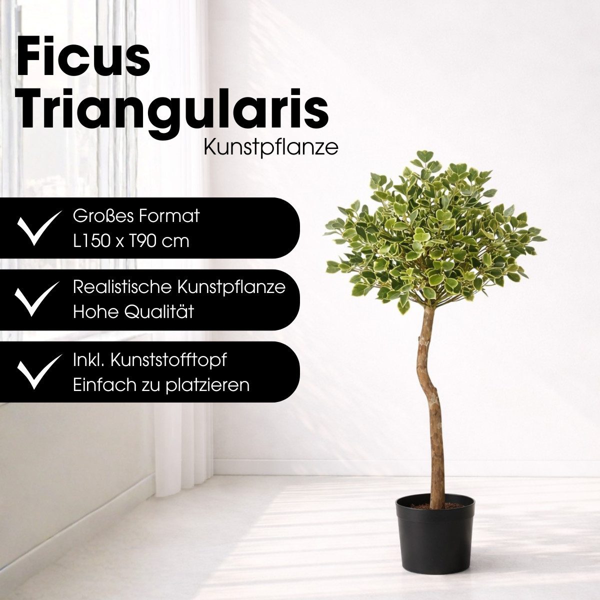Kunstpflanze Mica Decorations Ficus Triangularis – H150 x Ø90 cm – Grün, Mica Decorations, Höhe 150 cm